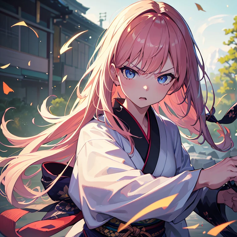 (best quality,4k,8k,highres,masterpiece:1.2),dark midnight,detailed face,angry expression,dynamic angle,dynamic pose,wandering girl,strong winds,traditional Japanese kimono, long kimono,depth of field,particles of light,movie lighting