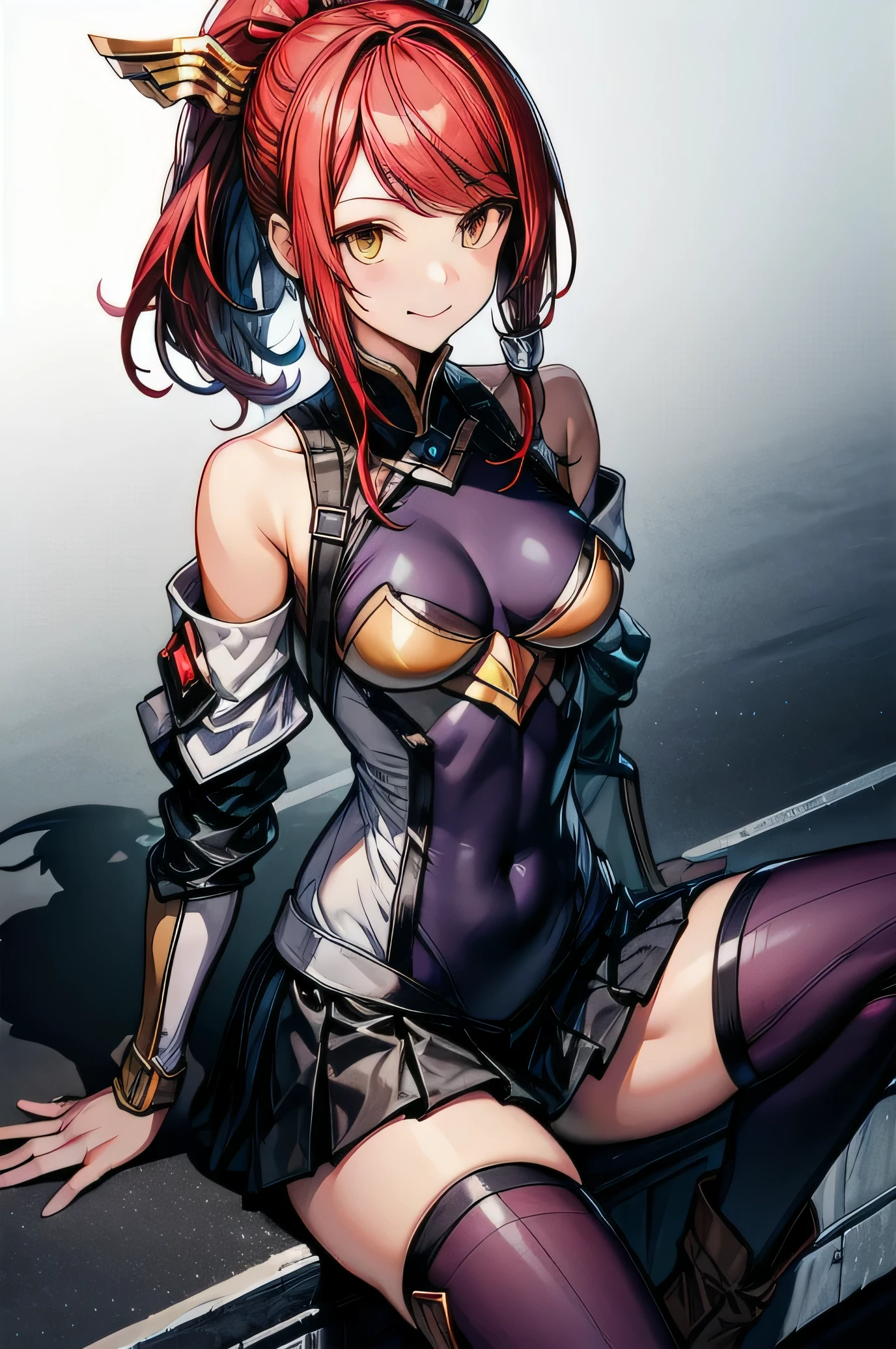  Izayoi (blazblue), orange eyes, red hair, ponytail, long hair, Small breasts, armor, bodysuit, boots, skin tight, skirt, thigh boots, thighhighs, 1girl, solo, facing viewer, looking at viewer, upper body, smile, sitting
spread legs,