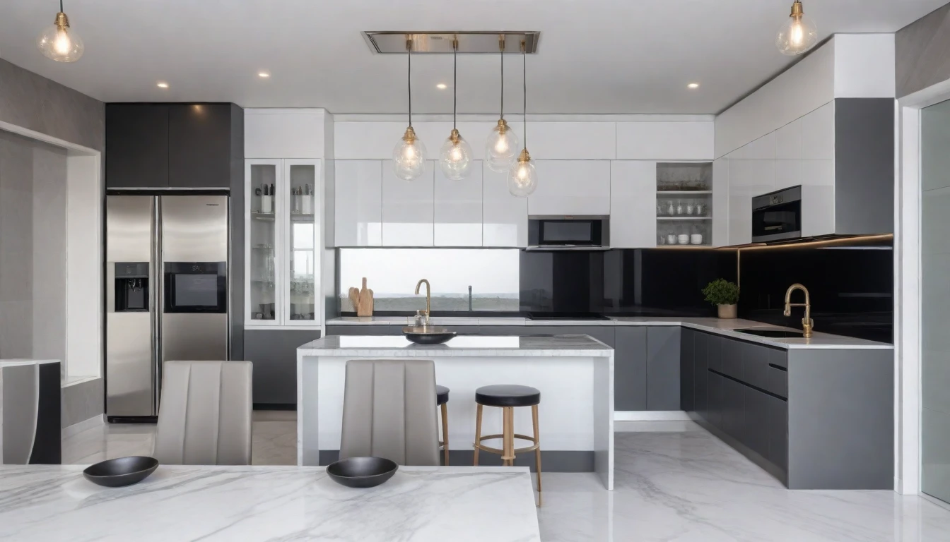 Raw photo of modern kitchen, marble floor, 8K uhd, kitchen interior, (grey anh white:1.5),Super glossy material, super masterpiece, (daylight1.5), realistic, dslr, soft light, high quality, realistic photography , super high resolution, best quality, film grain, Fujifilm XT