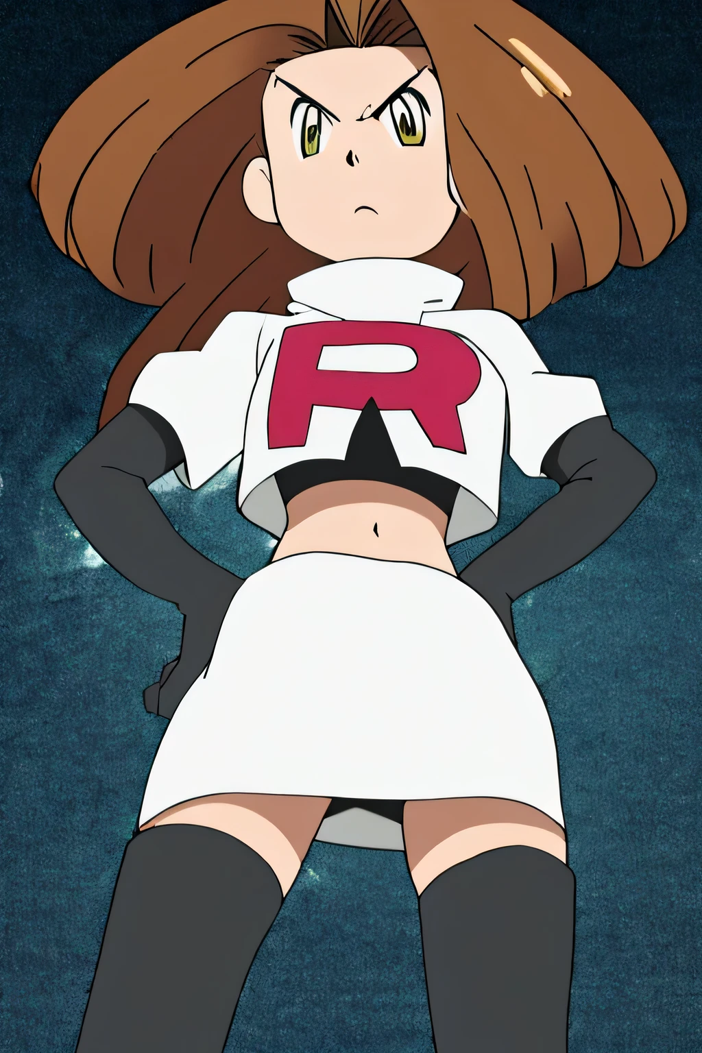 masterpiece,best quality,high res,high quality,fujibayshi suzu,8k, masterpiece,highres, team rocket uniform, red letter r, white skirt,white crop top,black thigh-high boots, black elbow gloves, glaring angrily, looking down at viewer, hands on hips, cowboy shot, zettai ryouiki,spread legs,from below, black panties,anime style, vivid colors, sharp focus, intense lighting,