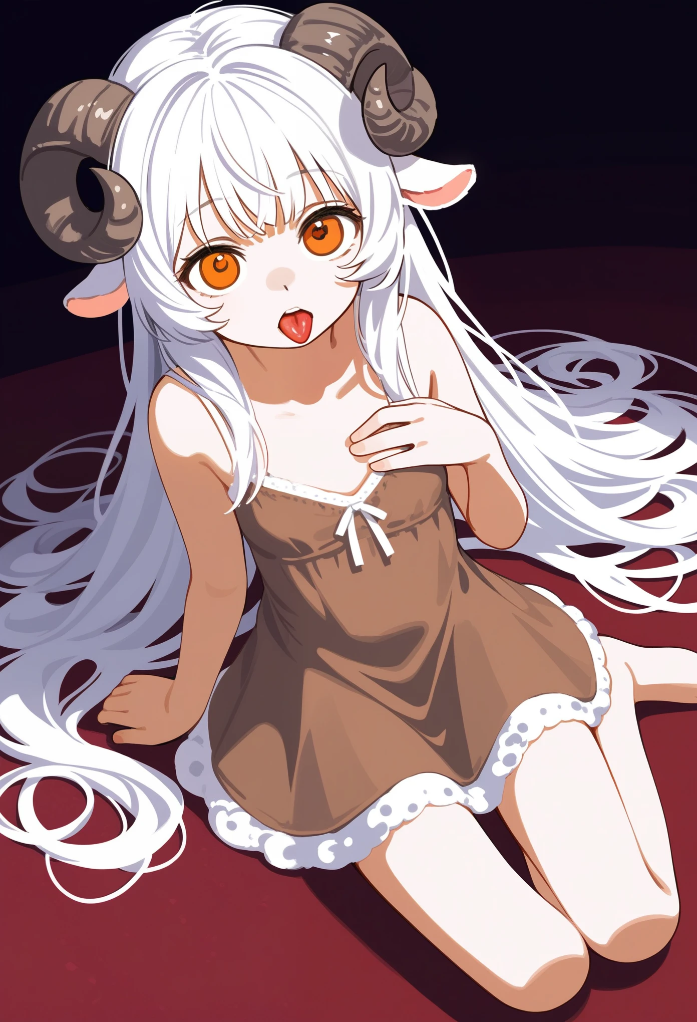 1girl, solo, young Monstergirl, curled horns, sheep horns, sheep ears, white hair, long hair, messy hair, long bangs, orange eyes, neutral, tongue out playfully, stoic, brown dress, sundress, small breasts, sitting on floor, wariza, hands on chest, white background, simple background, (from above), masterpiece, best quality