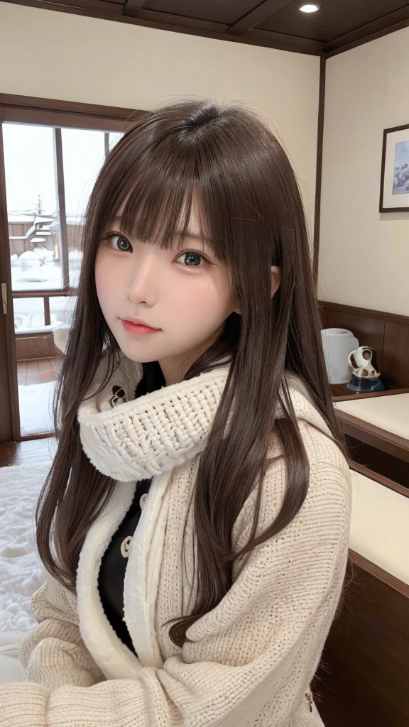 (Best image quality、8K、masterpiece：1.3))、Realistic high quality photos、highest quality、Cute girl～Well-proportioned face、Beautiful Japan girl at 16 years old、Two Girls,Photos of slim models、Beautiful girl model、若いJapanese girl、Young and pretty face、Japanese girl、16 year old female model、Beautiful model girl、The innocent look of the girl next door、Nice delicate face、brown hair、Beautiful brown eyes、Tear bags、Drooling eyes、Young Body、coat, scarf, gloves, winter, snow