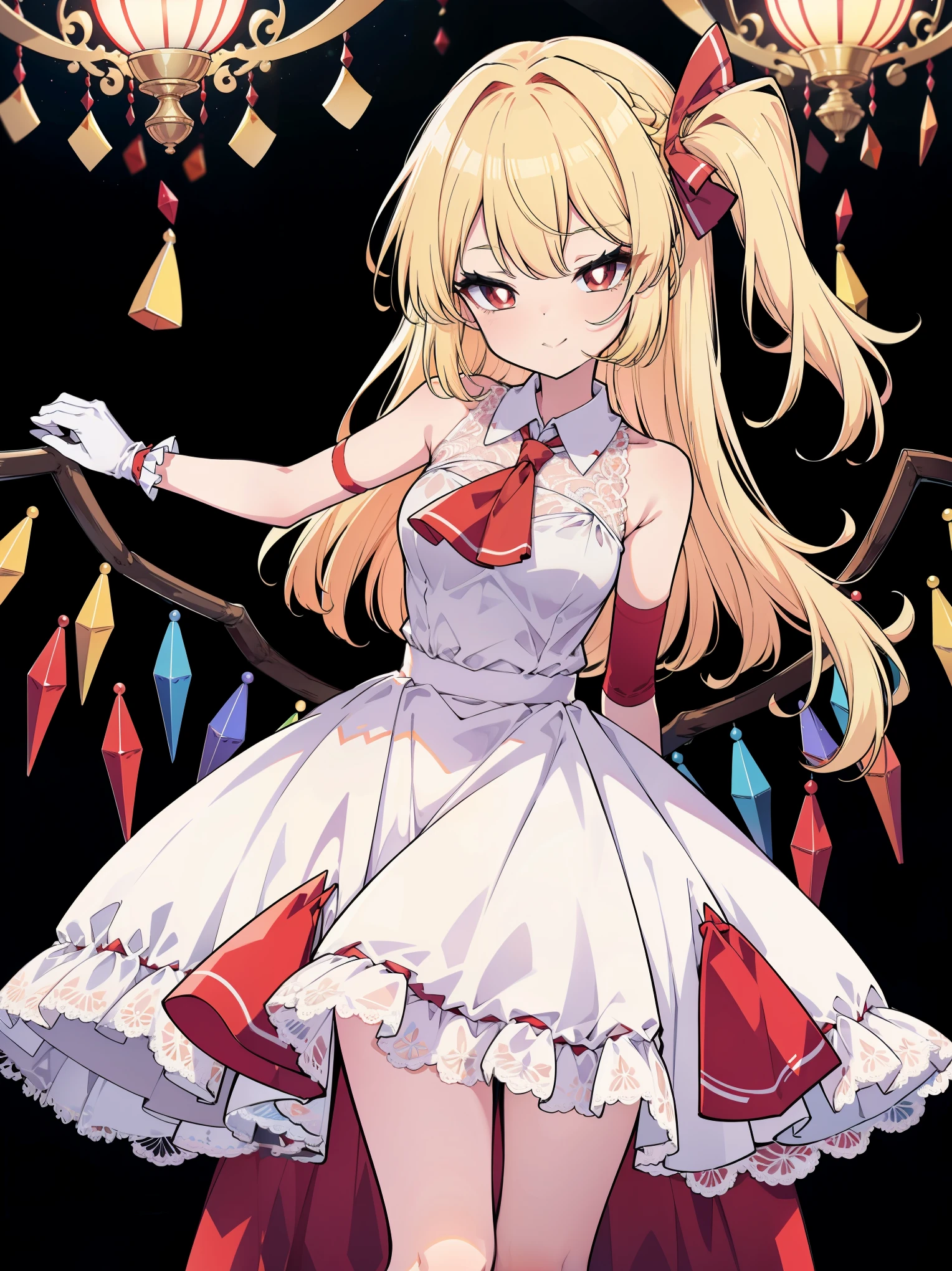(cowboy shot), (colorful:1.1), vibrant color, (ultra-high resolution, depth of field:1.2), (Flandre scarlet:1.1), (1woman), (adult), in her 20s, Touhou project, (medium breasts), (red eyes), white pupils, glowing eyes, blonde hair, wavy hair, (long hair:1.1), (french braid), red ribbon, white gala dress, (wearing a white gala dress:1.2), frills, (long white lace gloves), (elegant ballroom scenery:1.2), seductive smile
