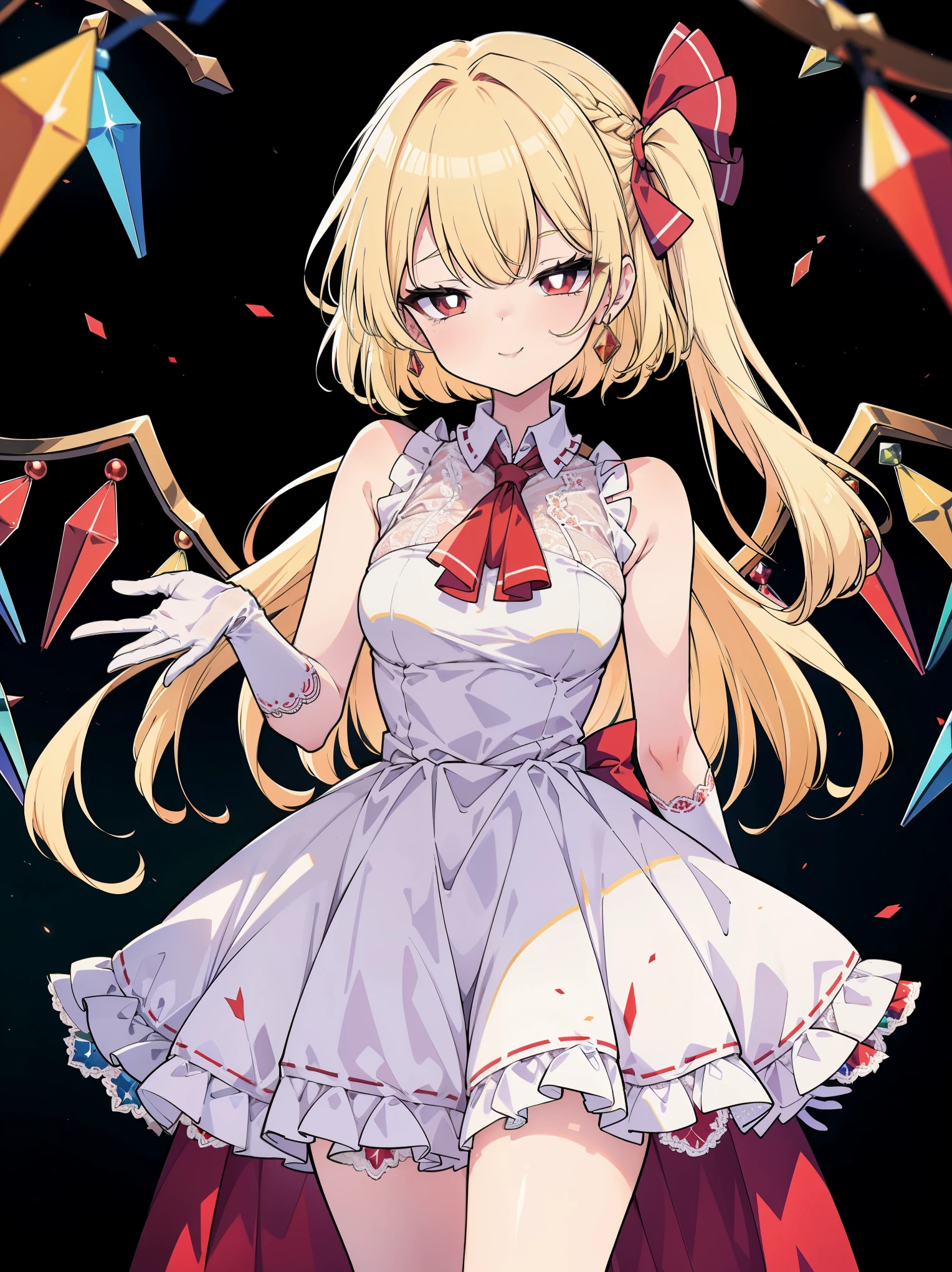 (colorful:1.1), vibrant color, (ultra-high resolution, depth of field:1.2), (Flandre scarlet:1.1), (1woman), (adult), in her 20s, Touhou project, (medium breasts), (red eyes), white pupils, glowing eyes, (forehead:1.2), blonde hair, wavy hair, (long hair:1.1), (french braid:1.2), red ribbon, (intricate white gala dress:1.1), (wearing a white gala dress:1.2), frills, (long white lace gloves), (elegant ballroom scenery:1.2), gentle smile, dim lighting