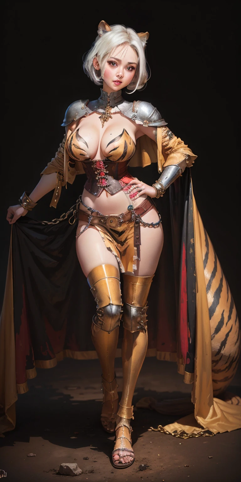 ((BLACK BACKGROUND 1:2, masterpiece)) 1solo female full body MILF BIMBO standing straight symmetrical with two long thighs and two metal sandals, red eyes like rubies, eye focus looking to the viewer, silver white hair, short bob style hair, big knockers breastplate, breastplate, cleavage, tiara royal, long cape up to two feet, yellow bikini (yellow tiger stripes), lustful smirking smiling, smile face (red blushed, red cheeks), pauldrons metal shoulders, gold sleeveless bracelets, separate sleeves, hands on waist hands OR hips, golden bracers, metal handcuffs, leather corset, red loincloth, black leather choker slave collar, shackles bracelets, slave red crest under navel, navel, feet together, metal ankle, two long thighs and two metal sandals