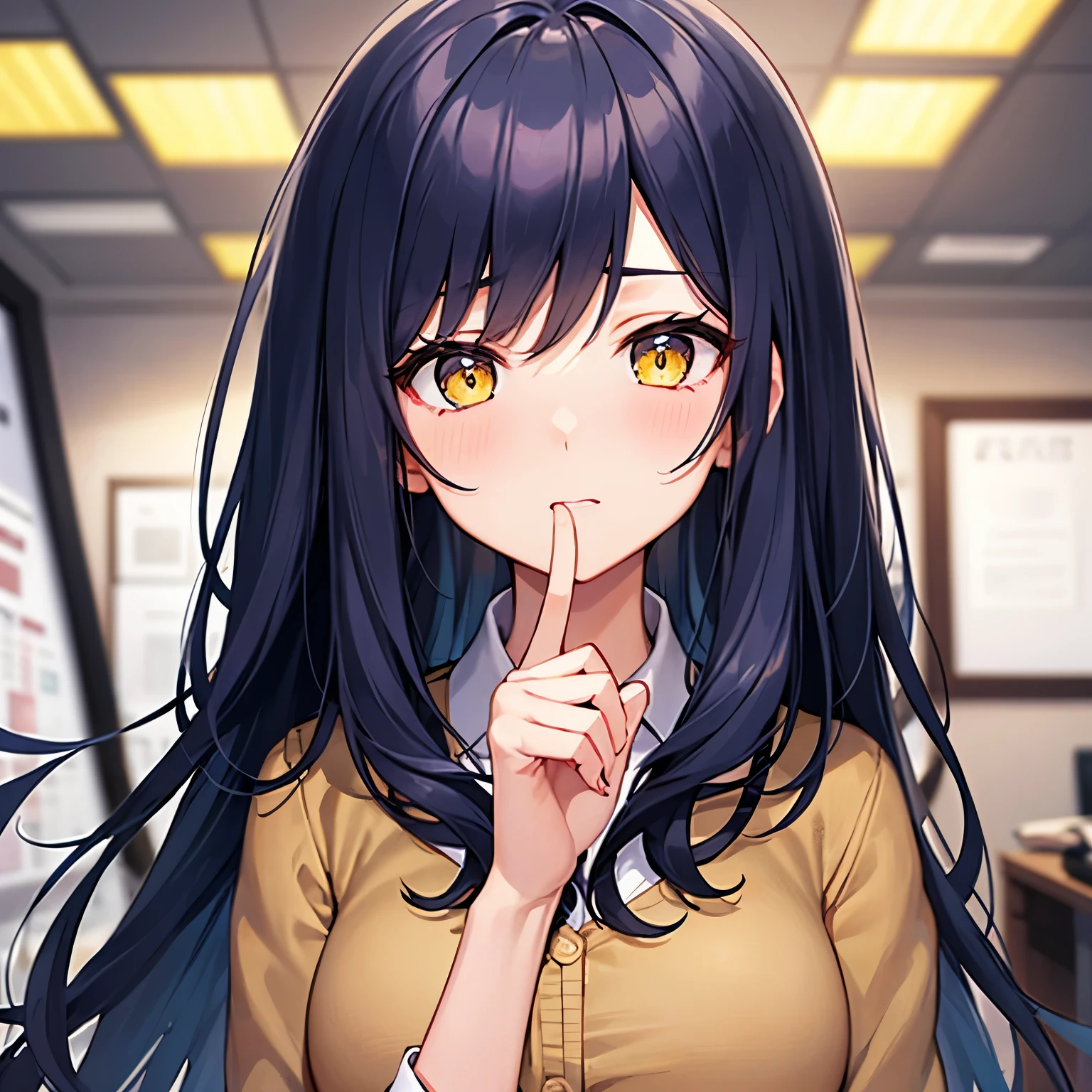 One Girl、doubt、worries、Navy Blue Hair、Yellow Eyes、suit、company employee、line of sight diagonally up、The index finger of the right hand is placed on the chin、Front composition