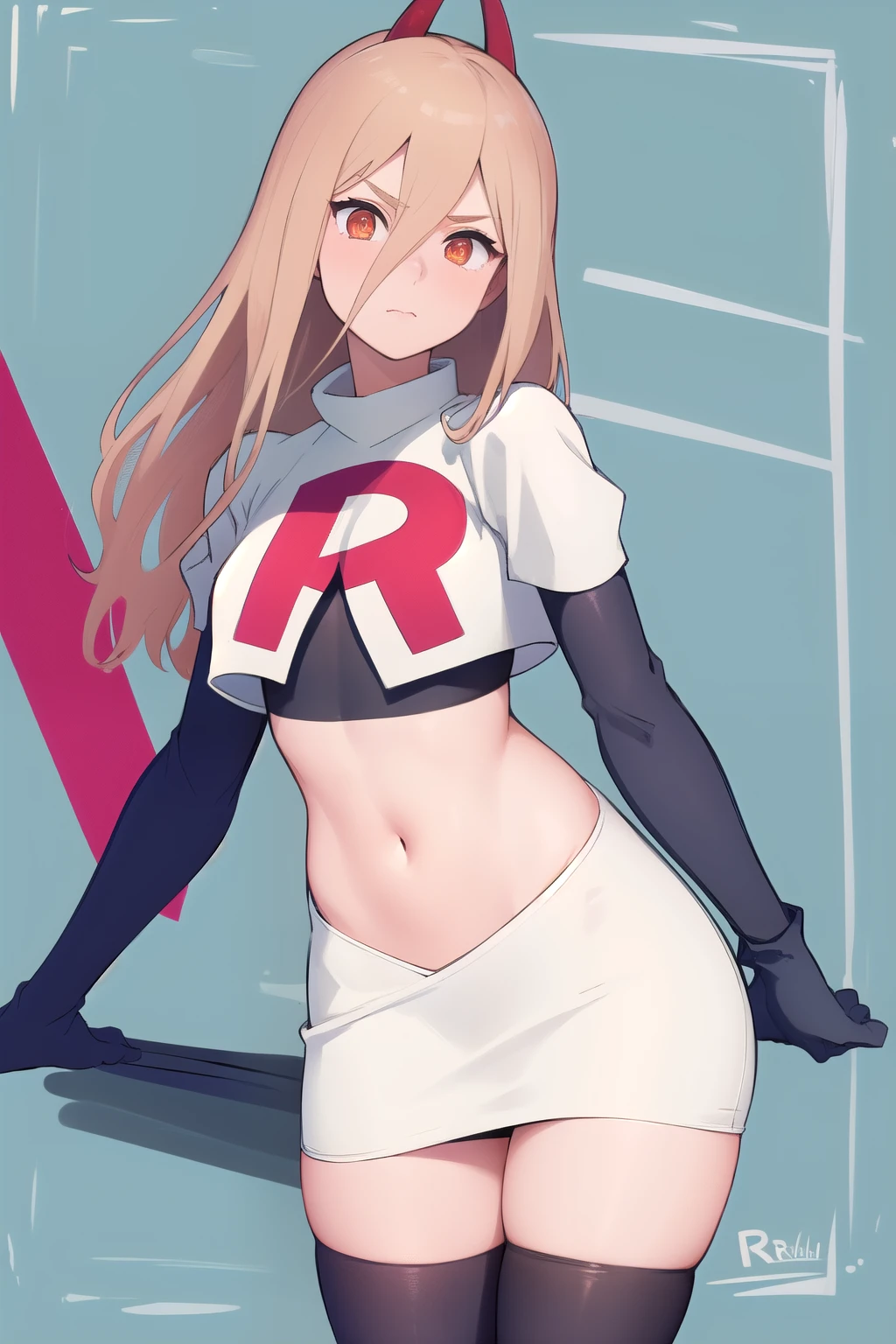(masterpiece, best quality:1.2), solo, 1girl, power \(csm\), cross-shaped pupils, team rocket,team rocket uniform,white skirt,red letter R,crop top,black thigh-highs,black elbow gloves