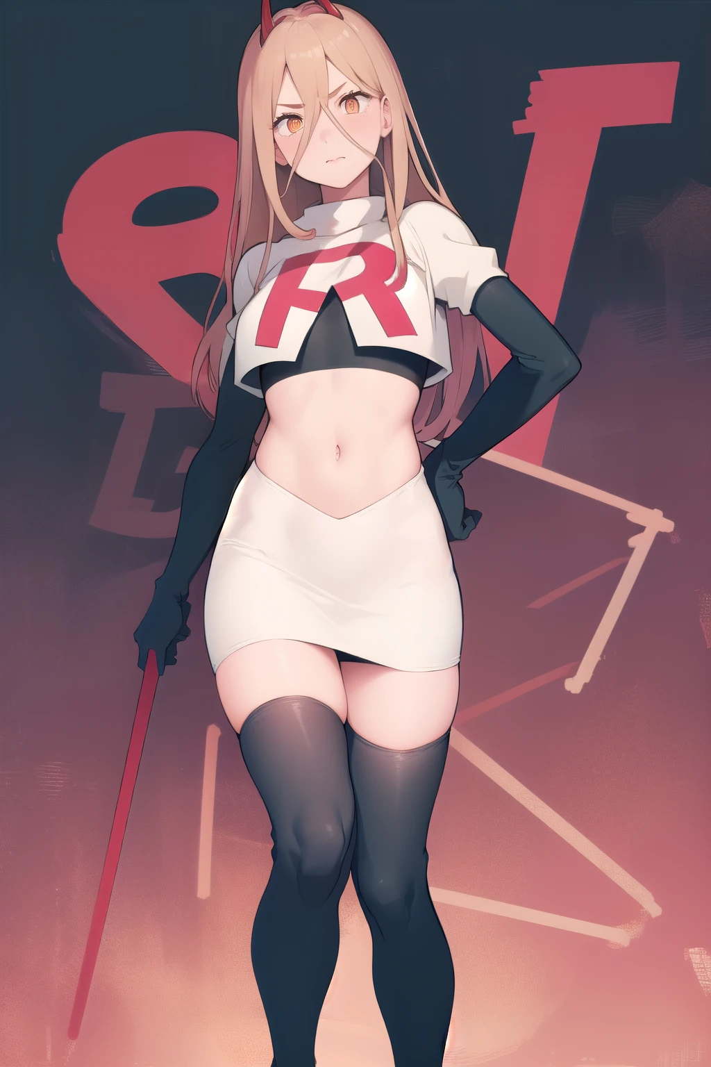 (masterpiece, best quality:1.2), solo, 1girl, power \(csm\), cross-shaped pupils, team rocket,team rocket uniform,white skirt,red letter R,crop top,black thigh-highs,black elbow gloves