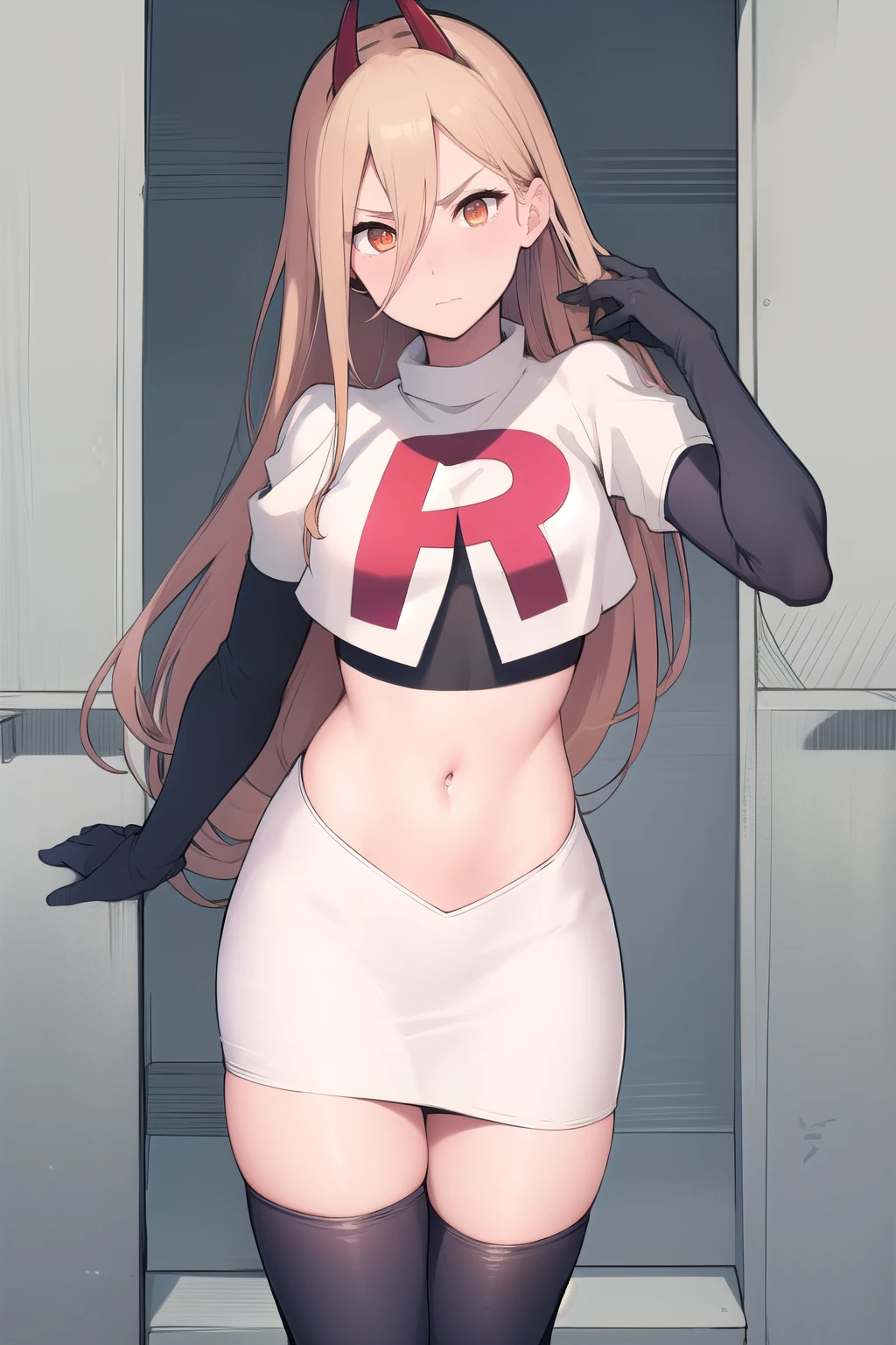 (masterpiece, best quality:1.2), solo, 1girl, power \(csm\), cross-shaped pupils, team rocket,team rocket uniform,white skirt,red letter R,crop top,black thigh-highs,black elbow gloves
