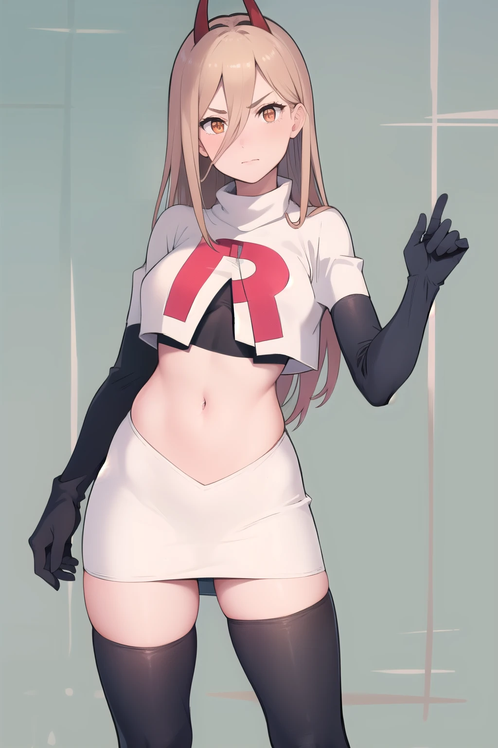 (masterpiece, best quality:1.2), solo, 1girl, power \(csm\), cross-shaped pupils, team rocket,team rocket uniform,white skirt,red letter R,crop top,black thigh-highs,black elbow gloves