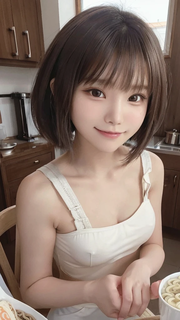 one girl, (a beauty girl, Delicate girl:1.3), (:1.3), break, (Cooking school kitchen:1.3), (Cook costume:1.3), (Eat cup ramen:1.4), perfectly trimmed fingers, break, Extremely fine grain resolution, (Symmetrical eyes:1.3), break, Small breasts, Brown eyes, Parted bangs, brown hair, girl, break, (Eye and facial details:1.0), (Get closer to the face, Zoom in on face, Face focus:1.0), break, (masterpiece, highest quality, Ultra-detailed, Detailed face, 8K),A smile that shows white teeth