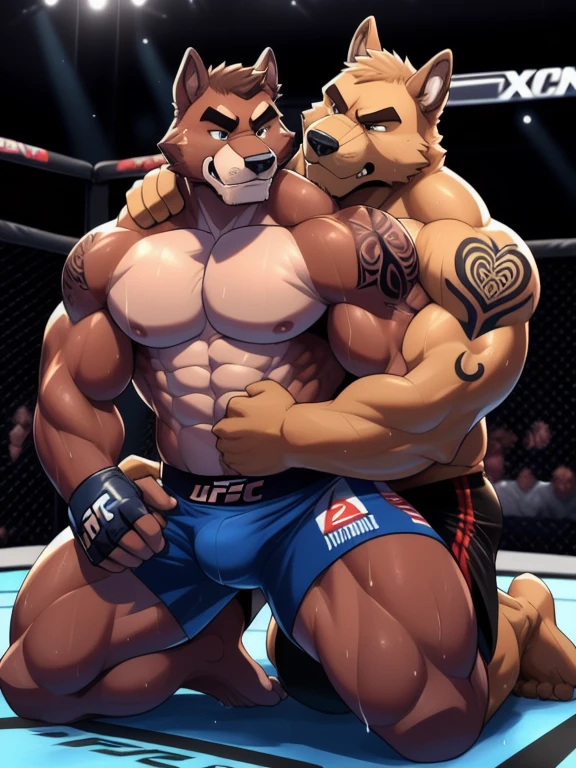 Duo male fighters(Brown Dog vs Brown Dog, handsomes, perfect eyes, Thick eyebrows), beso gay(Cuddling kneeling embraced from behind and from the neck, resting chin on shoulders, in a UFC match), hot(Full body, shirtless), handsomes(They are handsomes, correct anatomy), musculosos(Big muscle bodies, Six packs, muscle abs, big pecs, muscle legs, muscle backs), sweaty(very sweaty wet bodies), tatuajes(they have tattoos), Angry(They have an angry expression), UFC gloves(They both are wearing UFC gloves), Boxers(They are wearing Black boxers, big bulges), Hight resolution, Black background 