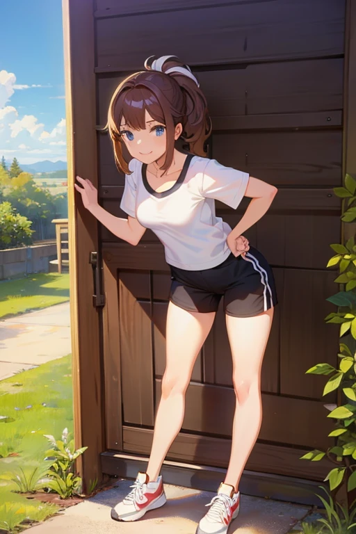 1girl, Forehead exposed, smile, full body shot, sports bra, bloomer, garden, Super detailed, Super Shot, muste piece, running, sweat,