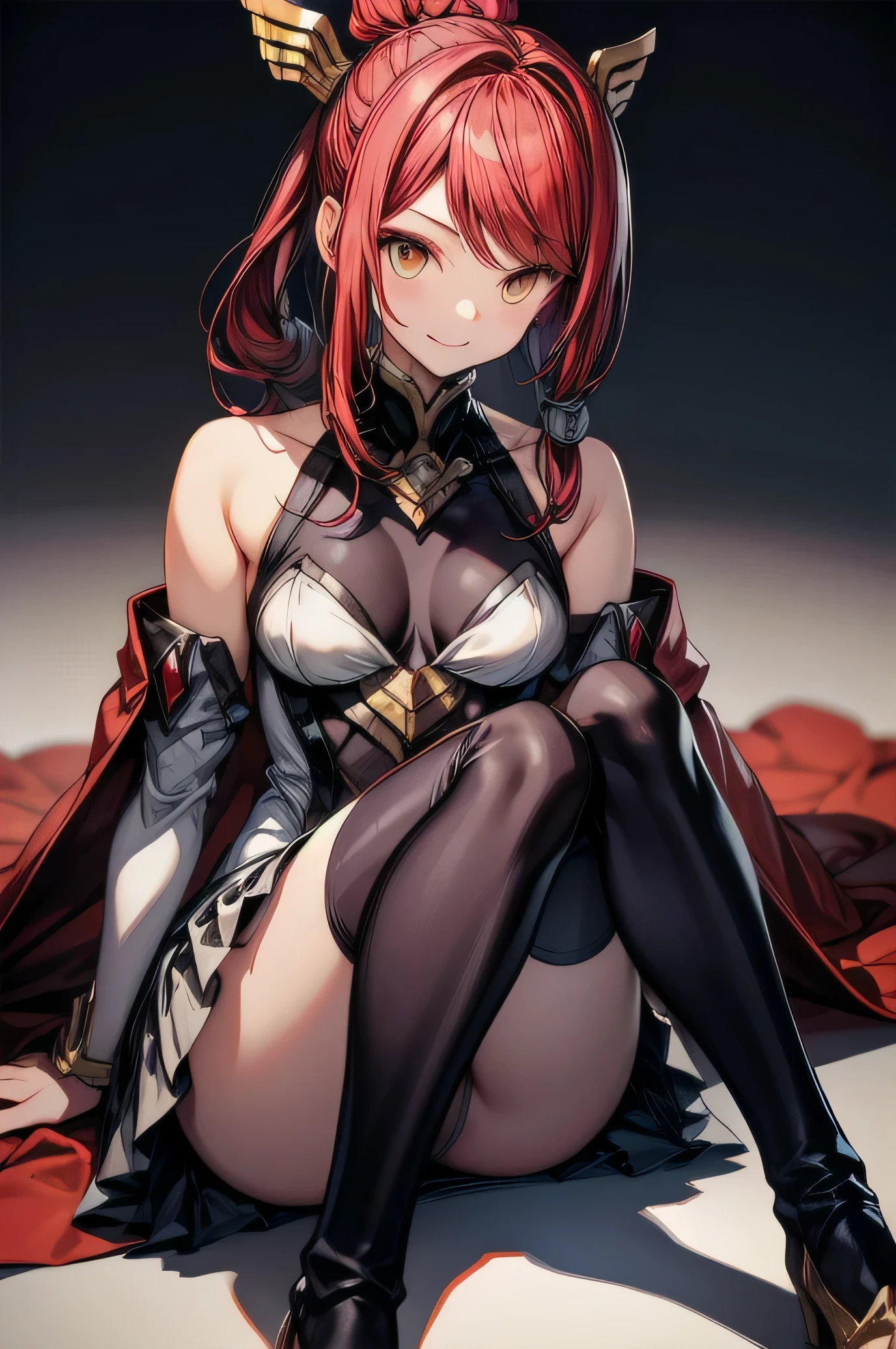  Izayoi (blazblue), orange eyes, red hair, ponytail, long hair, Small breasts, armor, bodysuit, boots, skin tight, skirt, thigh boots, thighhighs, 1girl, solo, facing viewer, looking at viewer, upper body, smile, sitting
spread legs,