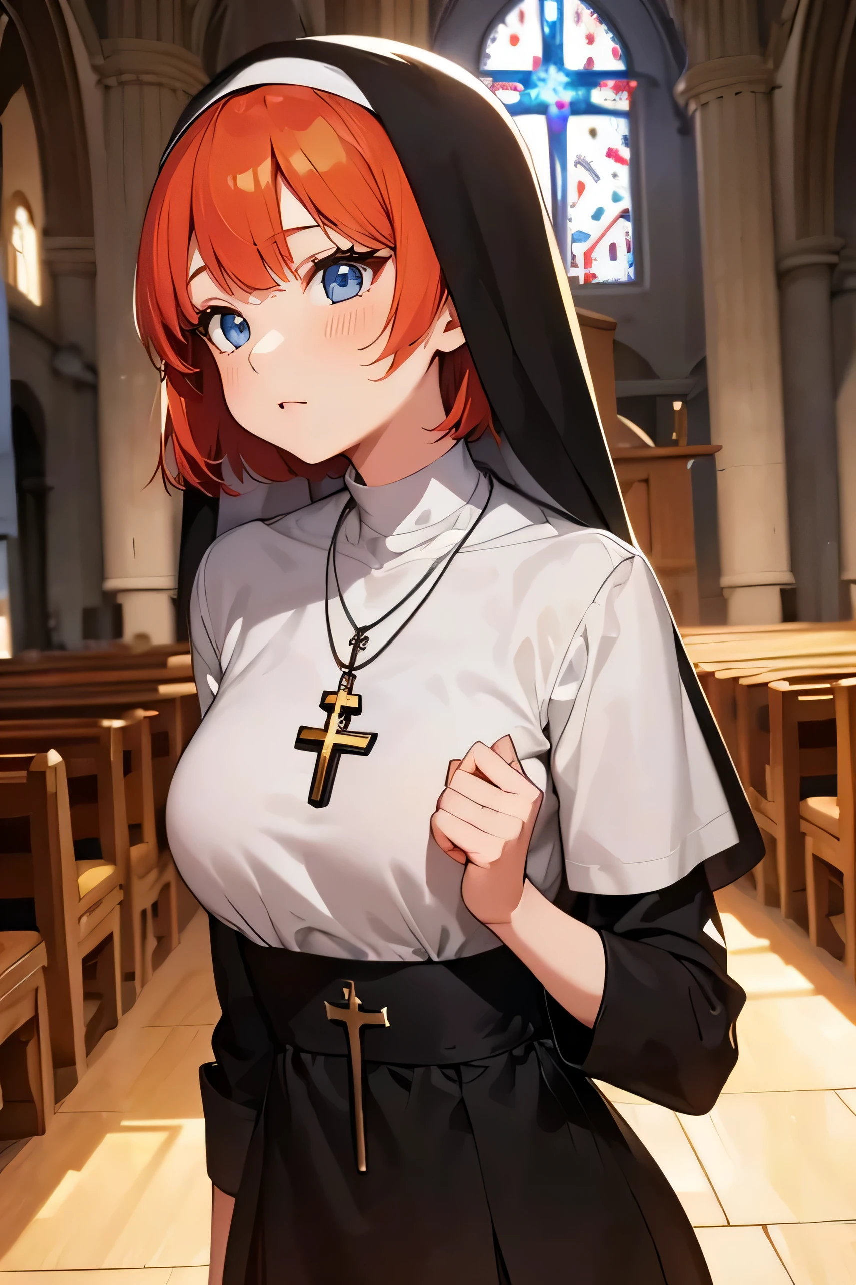 Ginger hair, short hair, straight bangs, nun uniform, woman, illustrations, high-quality, ultra-detailed, realistic, vivid colors, portraits, warm tones, soft lighting. ((Necklace with a cross)). Woman. Full body (Church) (Dinamyc poses) ((Different perspectives)) blue eyes
