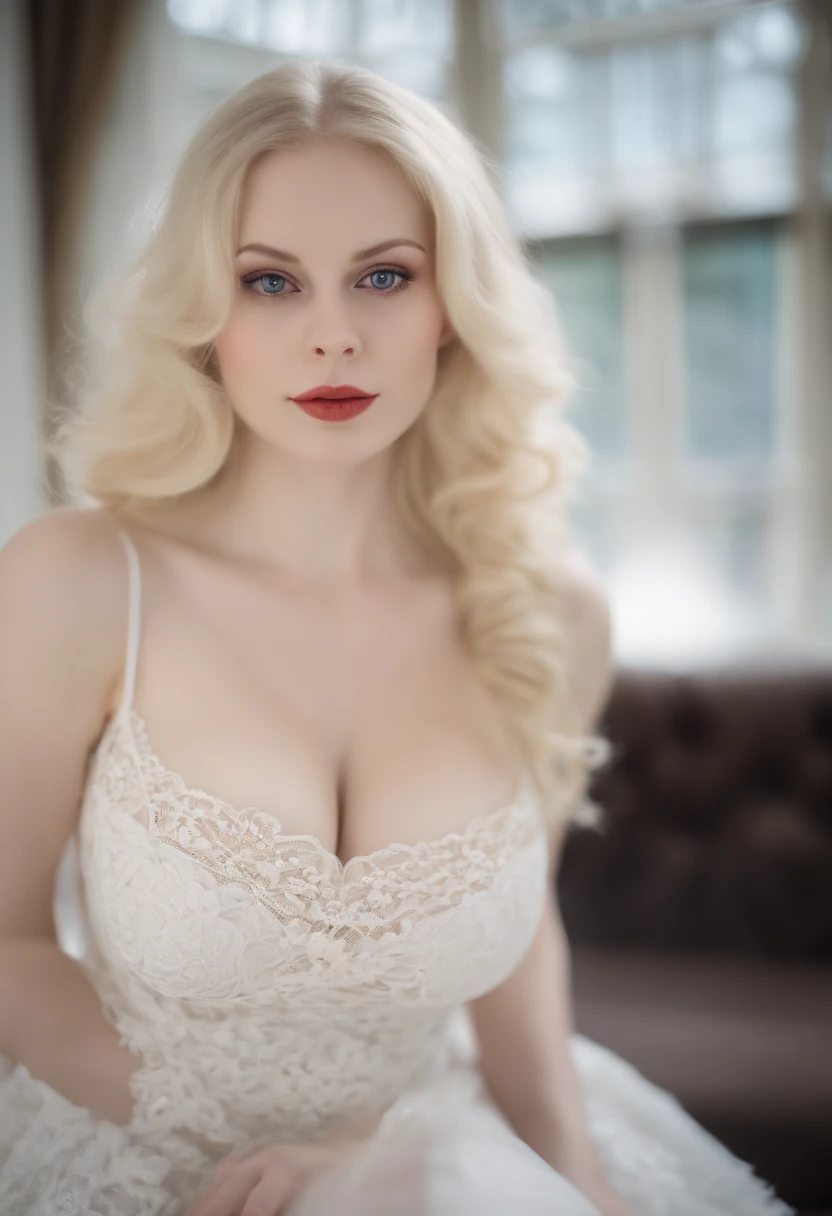 (face focus:1.3), young russian woman with matching white lace dress, (((very very gigantic breasts:1.3))),Sexy girl with blue eyes, (pale white skin, gigantic breasts and narrow waist, blonde hair and large eyes),white and porcelain pale skin, , albino, white and pale skin,very gigantic breasts, Selfie, Natural makeup,very very pale white skin, porcelain pale skin, very very very pale white skin, gigantic breasts, very very pale white skin, pale skin, long blonde hair, pale white skin, upper body focus!!,  upper body focus, Stunning upper body shot, 