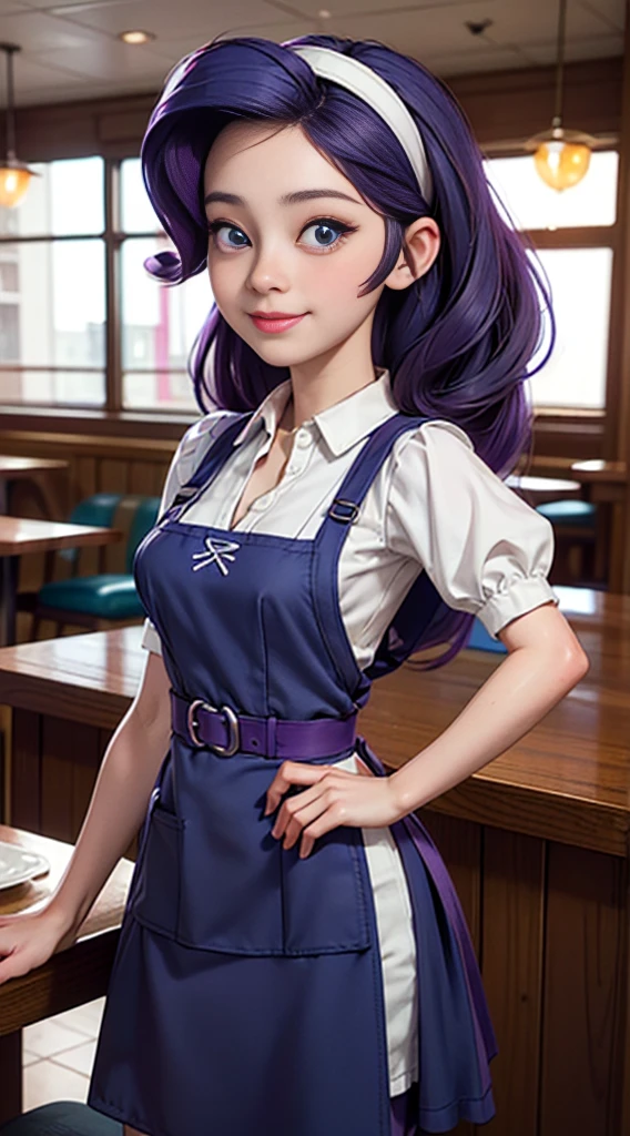 ((best quality)), ((highly detailed)), masterpiece, (detailed eyes, deep eyes), (1girl), dynamic angle, cowboy shot, mlprarity, woman, smile, looking at viewer, ((bright purple hair)), ((blue eyes)), (((waitress uniform))), cleavage, (indoor diner), light purple skirt, apron, short skirt, collared shirtwoman, sexy, rosy cheeks, medium breasts, realistic proportions, (((unlacing bodice))), unbuttoned white blouse, holding a plate, (((apron))), short puffy sleeves, headband, hand on hip