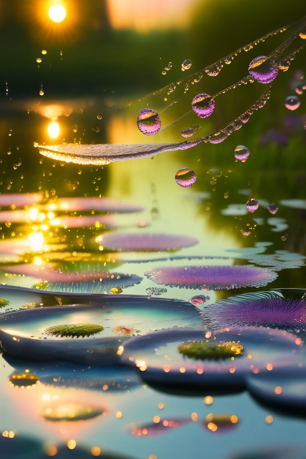 Water raindrops delicately cascade down fern leaves, forming intricate patterns as the sun sets in the backdrop. The vibrant hues of orange, pink, and purple paint the sky, casting a warm and serene glow over the scene. Each droplet reflects the sunset's beautiful colors, adding to the mesmerizing display of nature's beauty in high definition, ultra-detailed 8k resolution. The raindrops' crystal-clear reflections, combined with the sunset's dynamic lighting, create a breathtakingly realistic scenery reminiscent of Monet's Water Lilies masterpiece. ((Watercolor painting)), ((Impressionistic style)), ((V
