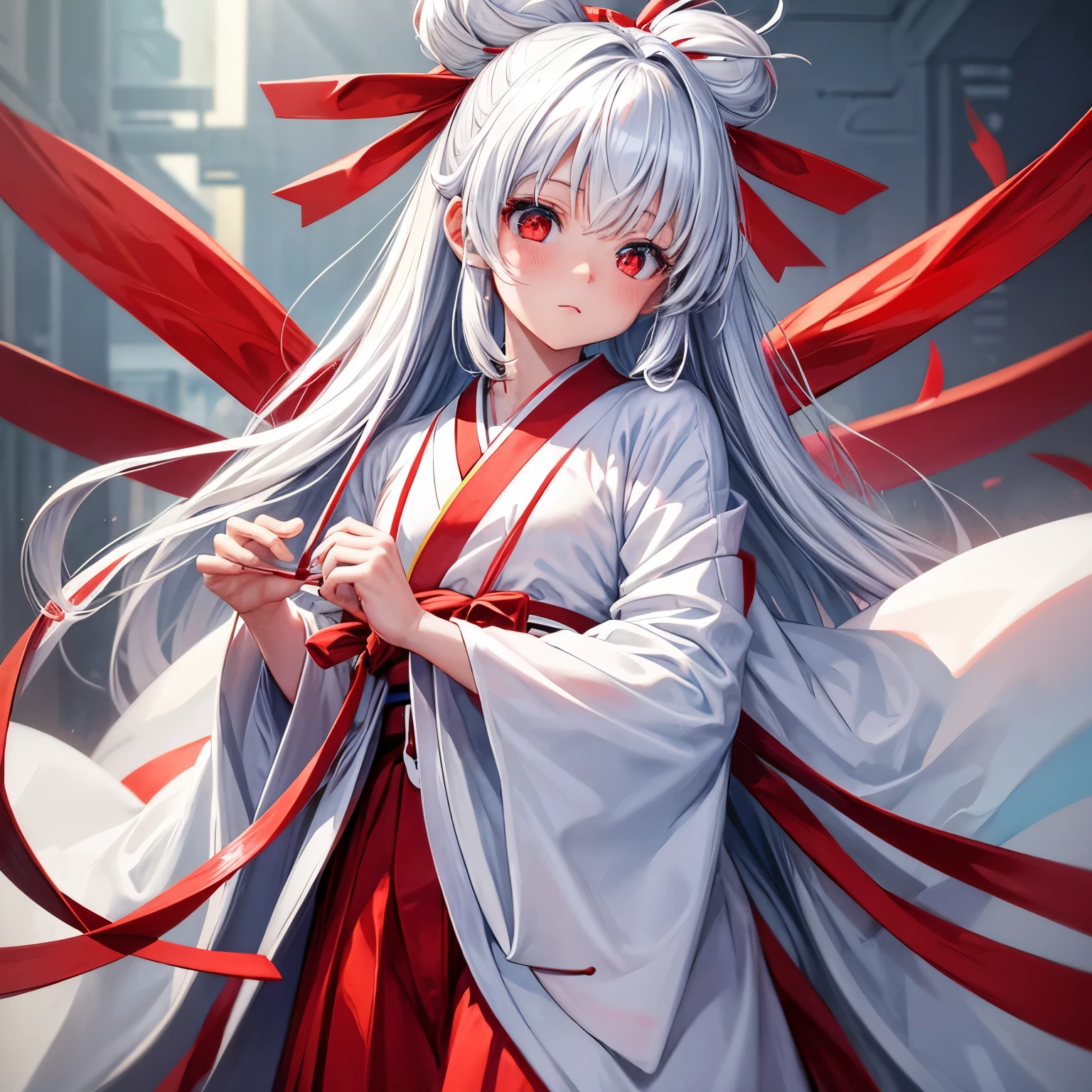 One Girl　White kimono　Red Eyes　Light blue long-haired　Knot　Red ribbon　 Face