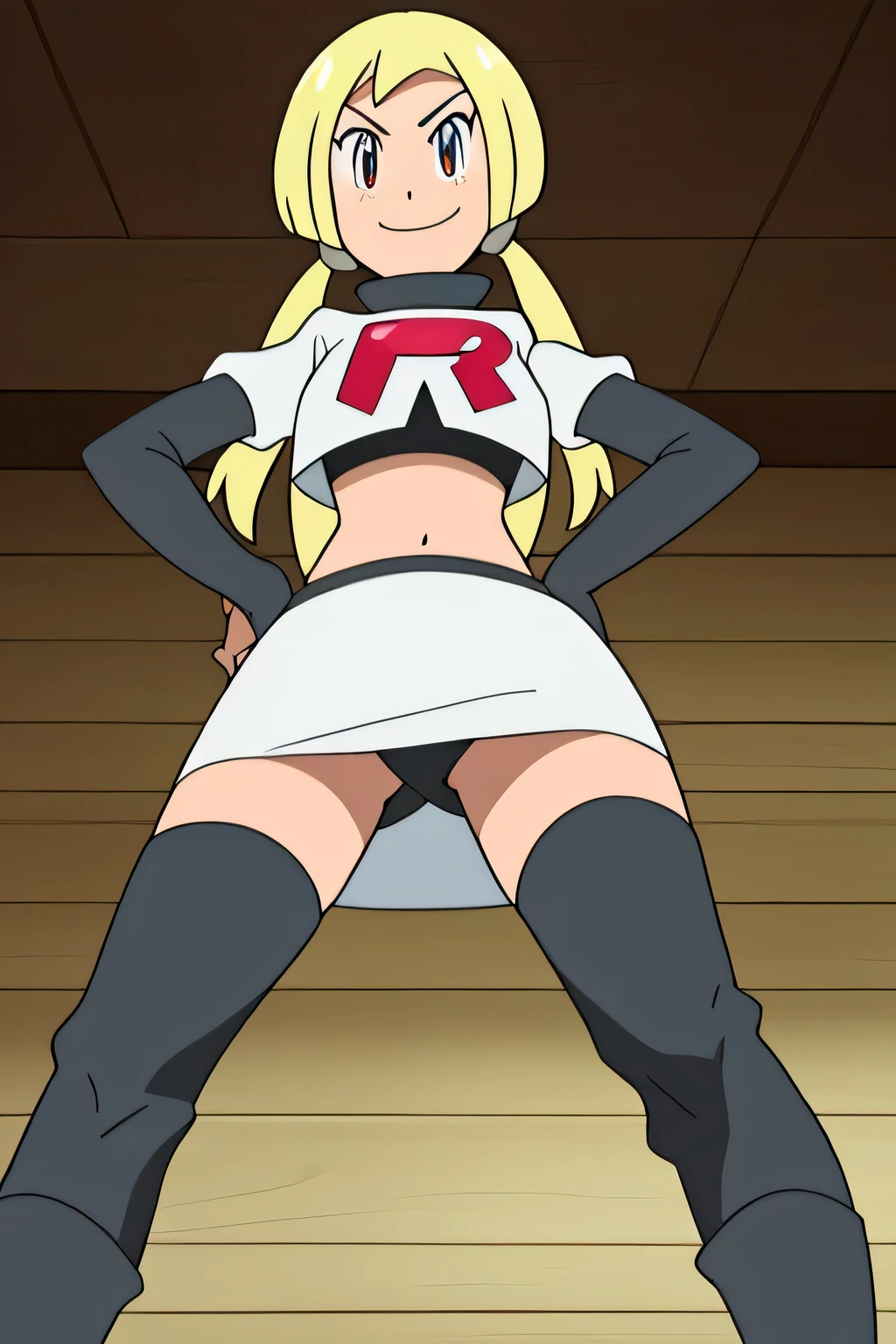 masterpiece,best quality,high res,high quality,8k, masterpiece,highres, team rocket uniform, red letter r, white skirt,white crop top,black thigh-high boots, black elbow gloves, glaring angrily, looking down at viewer, hands on hips, cowboy shot, zettai ryouiki,spread legs,from below, black panties,anime style, vivid colors, sharp focus, intense lighting,
1girl in, (Solo:1.2), (Perfect body:1.1), (Best Quality:1.1), Cute Girl, Tsundere:1.1, (student clothes:1.4), (tiered layers skirt:1.2), very large breast, a blond, Long twintails, Black Ribbon Hair Fastening, Tsuriformes, sharp eye, Sanpaku eyes, (Seductive smile:1.5), Noble atmosphere, Fine-grained skin, (Choker with a heart gem:1.1), View of the valley, Navel Ejection, Raw feet, a belt on the thighhigh, Bright red eyes, Shining eyes, (NSFW:0.8), 8K, a belt on the thighhigh, Skinny Legs, School grounds with grass, full body seen, (Looking down here:1.2), (Loose socks:1.3), I don't have anything in my hands, No one around,