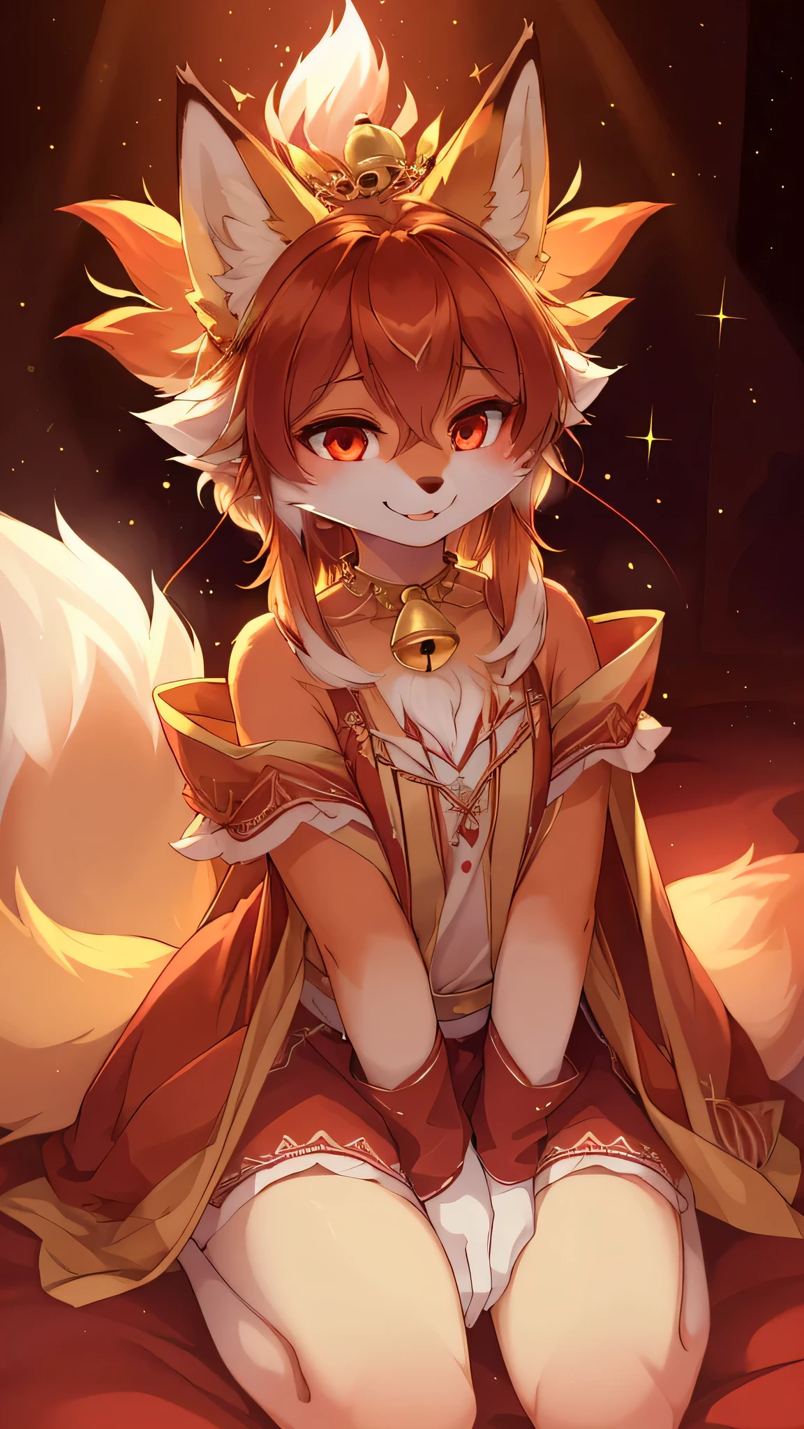 (best quality,4K,high resolution),Fluffy,White fur,Cute face,Red accents on fur,Chest,Beautiful Lights,Ambient Light,Extremely fine fur,Volumetric Lighting,fox,Kneeling,Smile,Watching you,fox nose，Sparkles on clothes,flame，Bell on head
