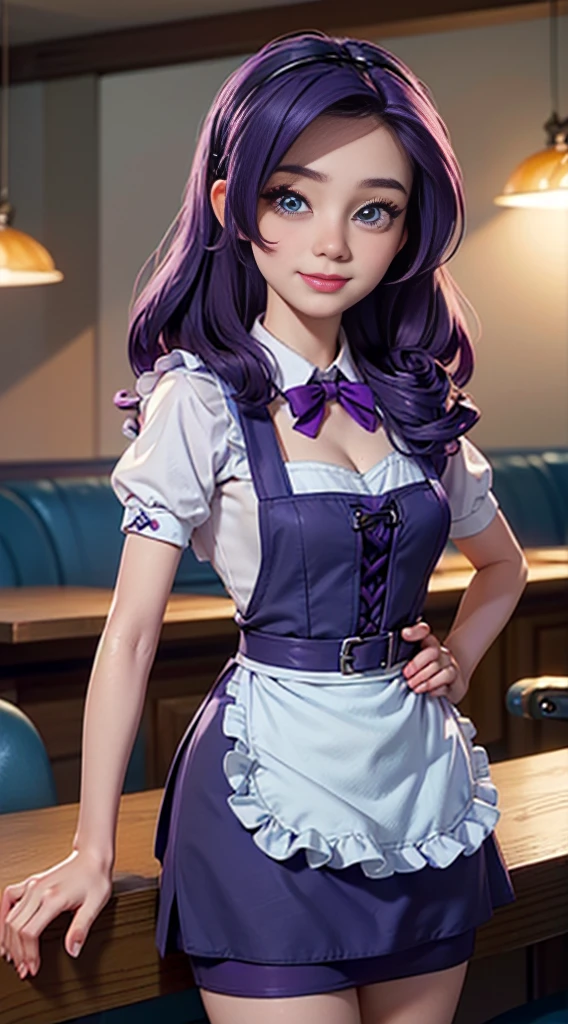 ((best quality)), ((highly detailed)), masterpiece, (detailed eyes, deep eyes), (1girl), dynamic angle, cowboy shot, mlprarity, woman, smile, looking at viewer, ((bright purple hair)), ((blue eyes)), (((waitress uniform))), cleavage, (indoor diner), light purple skirt, apron, short skirt, collared shirtwoman, sexy, rosy cheeks, medium breasts, realistic proportions, (((unlacing bodice))), unbuttoned white blouse, holding a plate, (((apron))), short puffy sleeves, headband, hand on hip, low cut blouse