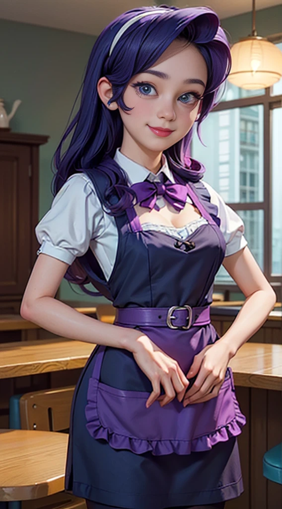 ((best quality)), ((highly detailed)), masterpiece, (detailed eyes, deep eyes), (1girl), dynamic angle, cowboy shot, mlprarity, woman, smile, looking at viewer, ((bright purple hair)), ((blue eyes)), (((waitress uniform))), cleavage, (indoor diner), light purple skirt, apron, short skirt, collared shirtwoman, sexy, rosy cheeks, medium breasts, realistic proportions, (((unlacing bodice))), unbuttoned white blouse, holding a plate, (((apron))), short puffy sleeves, headband, hand on hip, low cut blouse