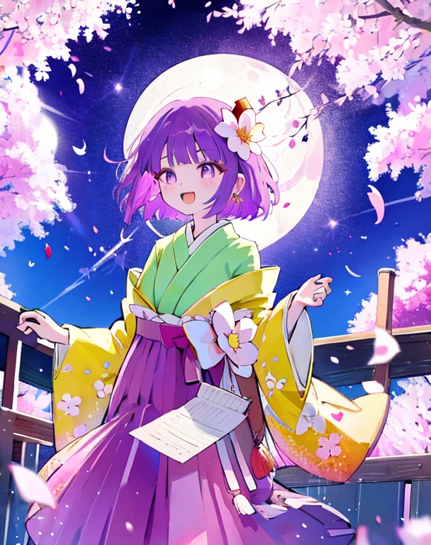 Hieda Akira、One Girl、generally、solo、moon、1 Hour Drawing Challenge、満moon、Wide sleeves、night、Look at the viewers、Cherry tree、Long sleeve、Laughter、petal、Yellow kimono、