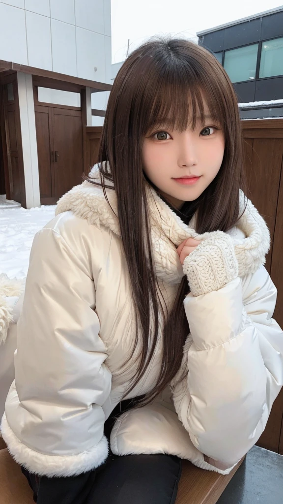 (Best image quality、8K、masterpiece：1.3))、Realistic high quality photos、highest quality、Cute girl～Well-proportioned face、16歳の美しい日本のTwo Girls、Two Girls,Photos of slim models、Beautiful girl model、若いJapanese girl、Young and pretty face、Japanese girl、16 year old female model、Beautiful model girl、The innocent look of the girl next door、Nice delicate face、brown hair、Beautiful brown eyes、Tear bags、Drooling eyes、Young Body、coat, scarf, gloves, winter, snow,A smile that shows white teeth
