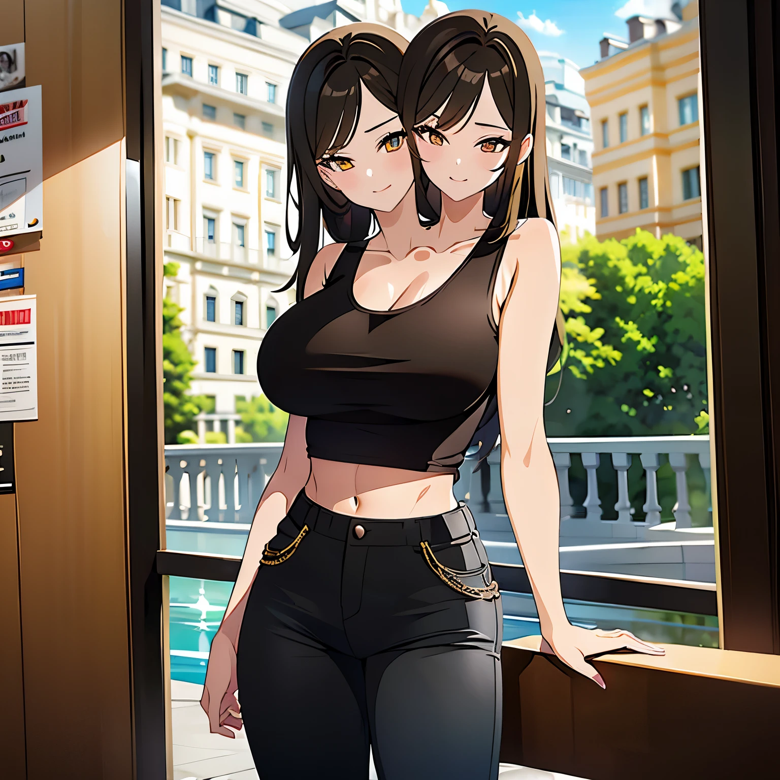 (masterpiece),(ultra-detailed), (high quality), (high resolution), (best quality:1.5, highres, UHD), highres, absurdo, ultra detail, ultra quality, Ultra resolution, 16k, 1girl, (2heads:1.5), girl with two heads, ((black hair)), ((light brown hair)), (different hair colors) smiling, sports jeans, casual dress, sexy proportions, (exposed midriff), thighs, Beautiful girl with accentuated slender abs, fighting posture, black tank top