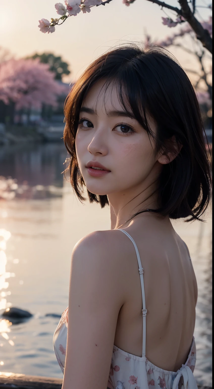 (logo、masterpiece、8k、Tabletop、RAW Photos、wonderful、最high quality、Photorealistic and Very detailed CG integrated 8k wallpaper、high quality、Very detailed、Narrative poem、Particle Effects、Dynamic Effects、Written boundary depth、Cinematic Light、Lens flare、Ray Tracing)、Fantasy、 (One beautiful woman、dress、dress、Cherry blossom pattern、Black-haired、Beautiful Face、True Face、Beautiful details、eye、Beautiful Skin)、私の髪はWindに舞う、Hair flutters in Wind、Hair bounces、Pink cherry blossom tree、Petals fluttering、SakuraFubuki、wonderful scenery、sunrise、Sun in the background、Wind