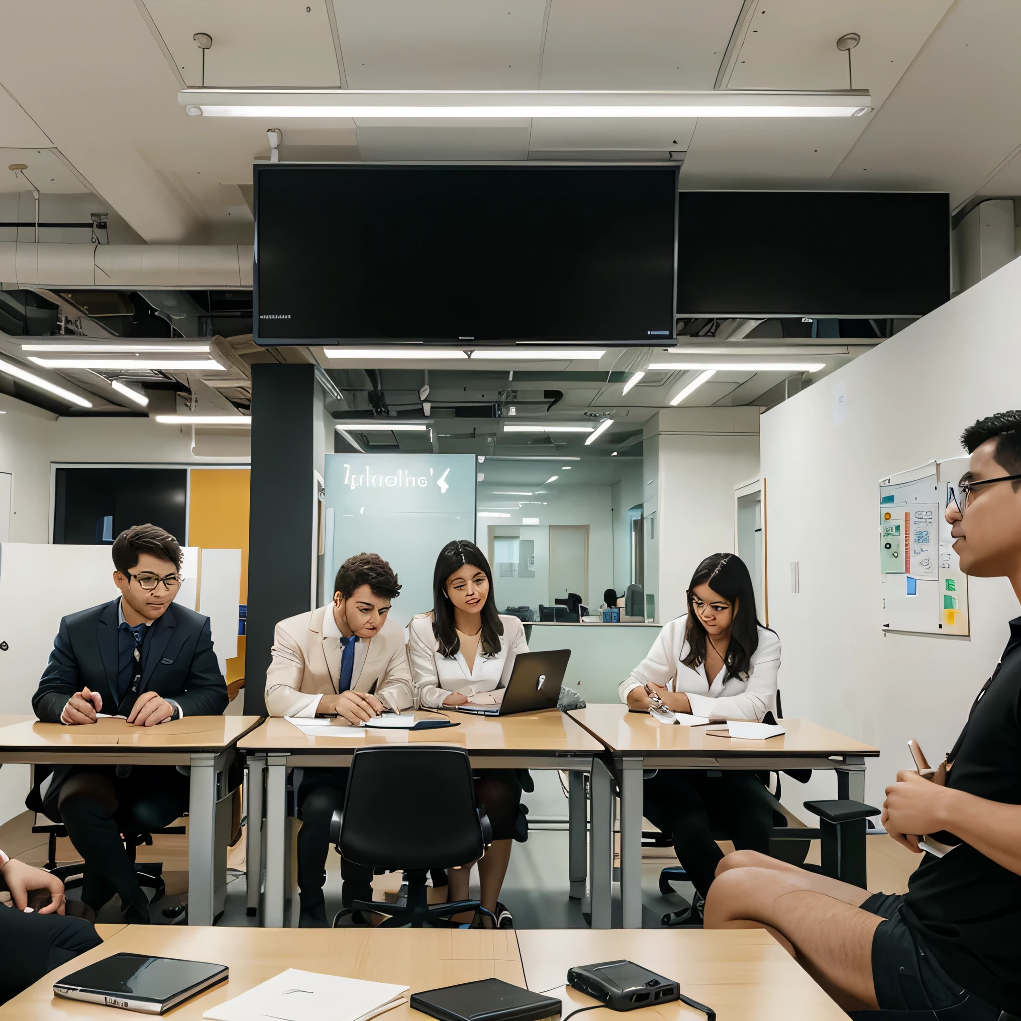 Imagen of A diverse group of people working together in a modern office setting. Some are at computers, while others are collaborating on a whiteboard