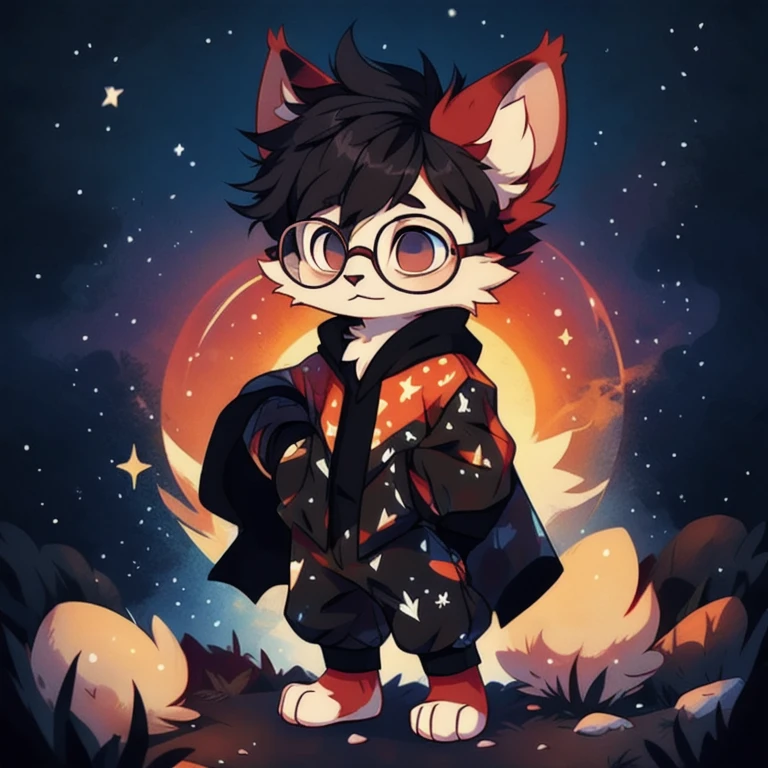 feline character with black fur and glasses with black crystals with stresses in the crystals and red frame, covered with pajamas and dark cloak in which you can see the space and many stars. large ears and starry black hair and tousled with the appearance of galaxies. On his cloak is the color of the sunset. Long tail and a big fur pompom at the tip (full body). very serious expression, tender appearance, small stature, young, , black pajamas, pajamas with stars, paws, star-shaped fur.