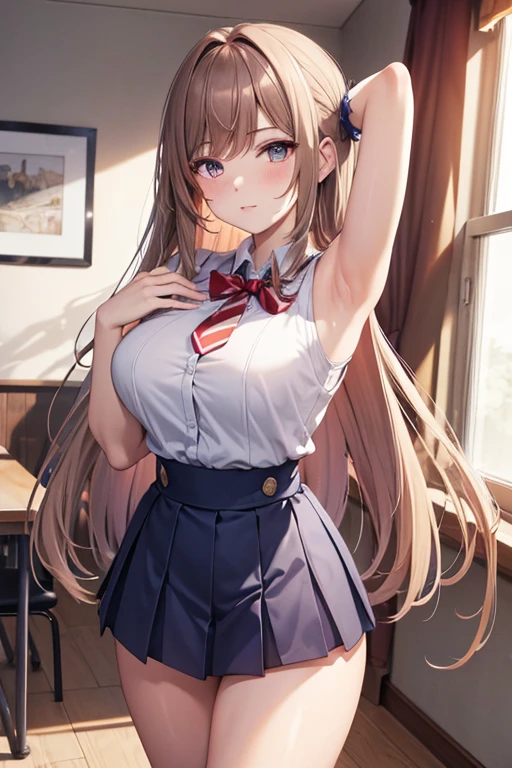 game , Nikke, the goddess of victory, Neat , Light brown hair,  Captivating eyes ,beautiful face , Crystal Red Eye , Long Hair , Women&#39;s blue striped sleeveless shirt, Underarm, blue high waist pleated skirt ,Selfie style,G-cup breasts, Narrow waist, Captivating thighs, 5 fingers on each hand, both hands ,2 basics , In the homeroom , beautiful, Place your hands behind your head ,