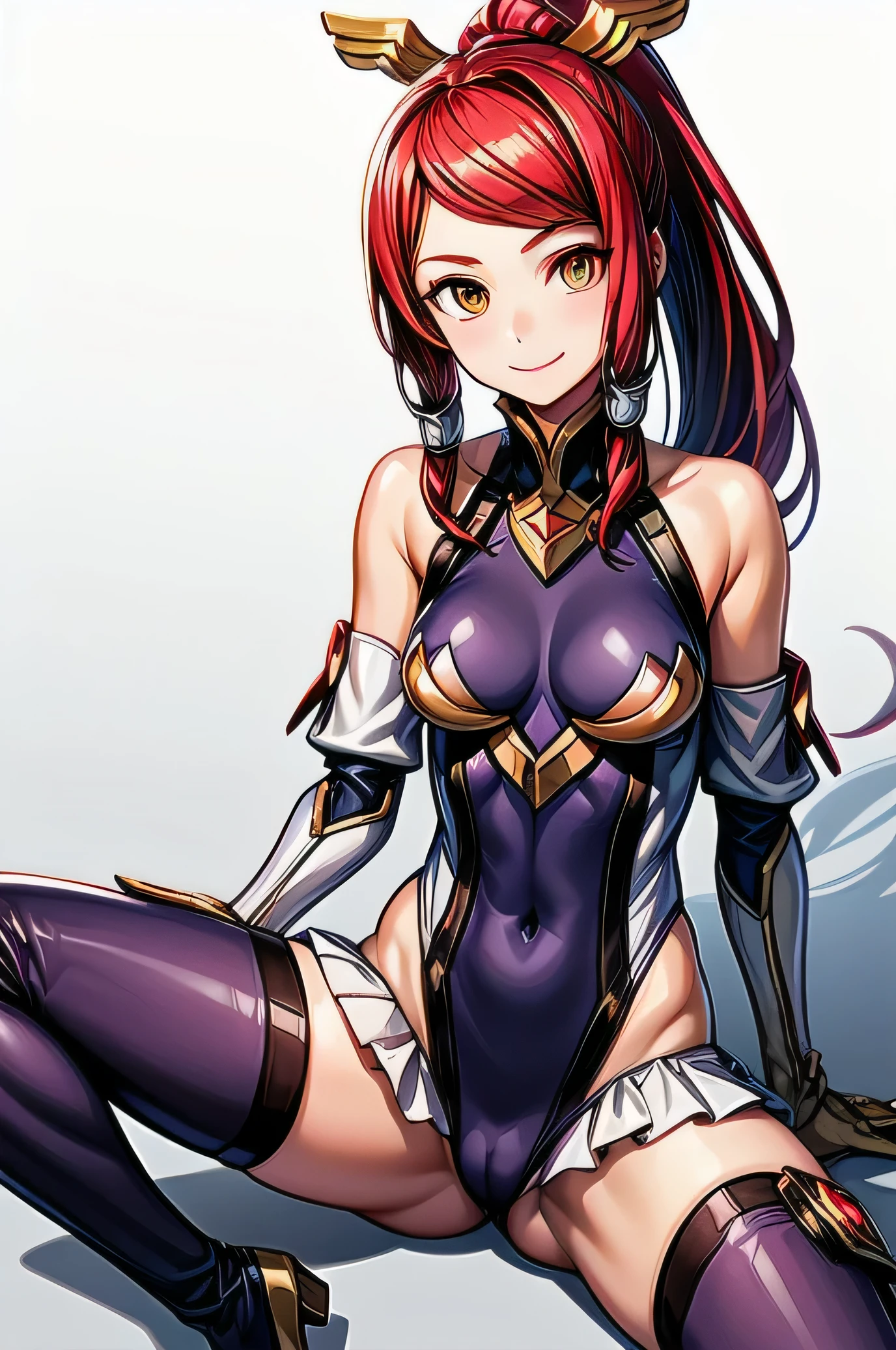  Izayoi (blazblue), orange eyes, red hair, ponytail, long hair, Small breasts, armor, bodysuit, boots, skin tight, skirt, thigh boots, thighhighs, 1girl, solo, facing viewer, looking at viewer, upper body, smile, sitting
spread legs,