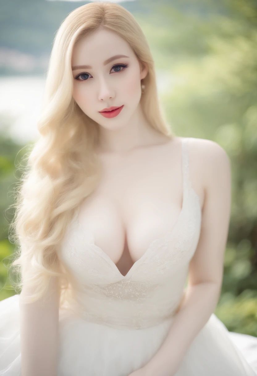 (face focus:1.3), young korean girl with matching white transparent dress, (((very very gigantic breasts:1.3))),Sexy girl with blue eyes, (pale white skin, gigantic breasts and narrow waist, blonde hair and large eyes),white and porcelain pale skin, , albino, white and pale skin,very gigantic breasts, Selfie, Natural makeup,very very pale white skin, porcelain pale skin, very very very pale white skin, gigantic breasts, very very pale white skin, pale skin, long blonde hair, pale white skin, upper body focus!!,  upper body focus, Stunning upper body shot, 