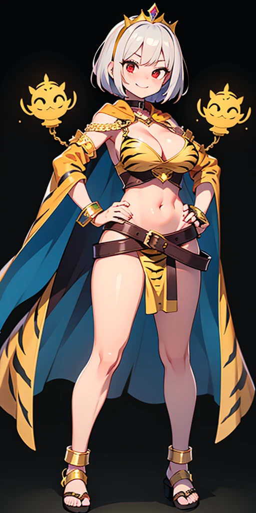 ((BLACK BACKGROUND 1:2, masterpiece)) 1solo female full body MILF BIMBO standing straight symmetrical with two long thighs and two metal sandals, 
red eyes like rubies, eye focus looking to the viewer, silver white hair, short bob style hair, 
big knockers breastplate, breastplate, cleavage, 
tiara royal, 
long cape up to two feet, 
yellow bikini (yellow tiger stripes), 
lustful smirking smiling, smile face (red blushed, red cheeks), 
pauldrons metal shoulders, gold sleeveless bracelets, separate sleeves, hands on waist hands OR hips, golden bracers, metal handcuffs, 
leather corset, red loincloth, 
black leather choker slave collar, shackles bracelets, 
slave red crest under navel, navel, big belt around waist OR hips,
feet together, metal ankle, two long thighs and two metal sandals