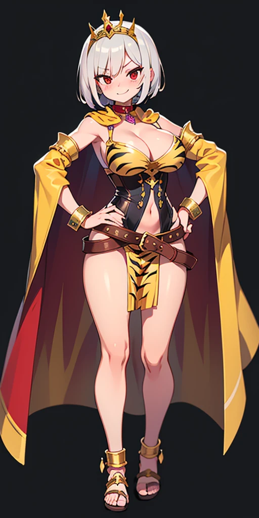 ((BLACK BACKGROUND 1:2, masterpiece)) 1solo female full body MILF BIMBO standing straight symmetrical with two long thighs and two metal sandals,
red eyes like rubies, eye focus looking to the viewer, silver white hair, short bob style hair,
big knockers breastplate, breastplate, cleavage,
tiara royal,
long cape up to two feet,
yellow bikini (yellow tiger stripes),
lustful smirking smiling, smile face (red blushed, red cheeks),
pauldrons metal shoulders, gold sleeveless bracelets, separate sleeves, hands on waist hands OR hips, golden bracers, metal handcuffs,
leather corset, red loincloth,
black leather choker slave collar, shackles bracelets,
slave red crest under navel, navel, big belt around waist OR hips,
feet together, metal ankle, two long thighs and two metal sandals
