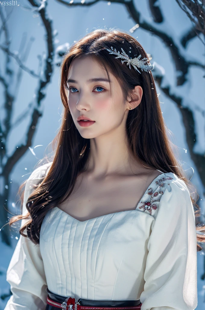 ( masterpiece, top quality, best quality,8k,17 years old girl,ultra detailed,raw photo:1.5),(photorealistic:1.4),(cinematic lighting), PerfectNwsjMajic, , Surrealism, UHD, ccurate, Super detail, textured skin, High detail, Best quality, dynamic angle, (high nose,White skin),[Beautiful blue eyes],[flat chest:large breasts:0.5],(1girl),(good anatomy:0.5)), of a woman in a dress with a sword, a beautiful fantasy empress, ((a beautiful fantasy empress)), beautiful fantasy maiden,snow
