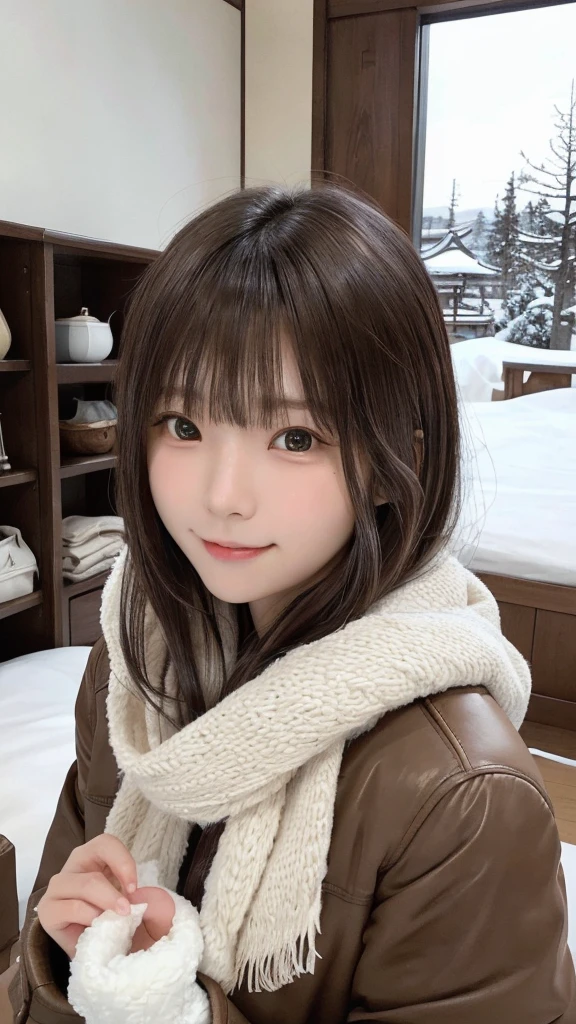 (masterpiece:1.35),(best-quality:1.4),8k,ultra-detailed,photography,(ultra-realistic:1.4), adult girl, long hair, sweater, snowing background, Large Breast, Slim Body, Cute face,