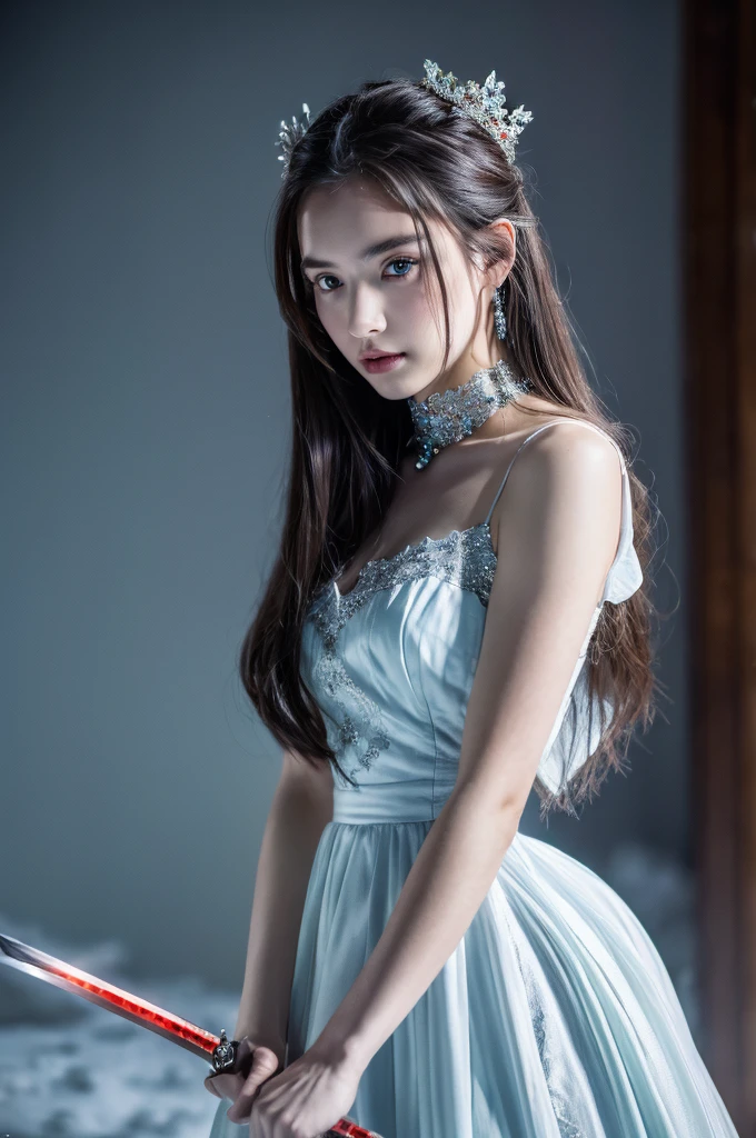 ( masterpiece, top quality, best quality,8k,17 years old girl,ultra detailed,raw photo:1.5),(photorealistic:1.4),(cinematic lighting), PerfectNwsjMajic, , Surrealism, UHD, ccurate, Super detail, textured skin, High detail, Best quality, dynamic angle, (high nose,White skin),[Beautiful blue eyes],[flat chest:large breasts:0.5],(1girl),(good anatomy:0.5)),a woman in a dress with a sword, a beautiful fantasy empress, ((a beautiful fantasy empress)), beautiful fantasy maiden,snow