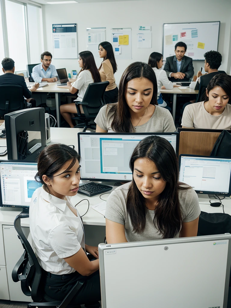 Imagen of A diverse group of people working together in a modern office setting. Some are at computers, while others are collaborating on a whiteboard