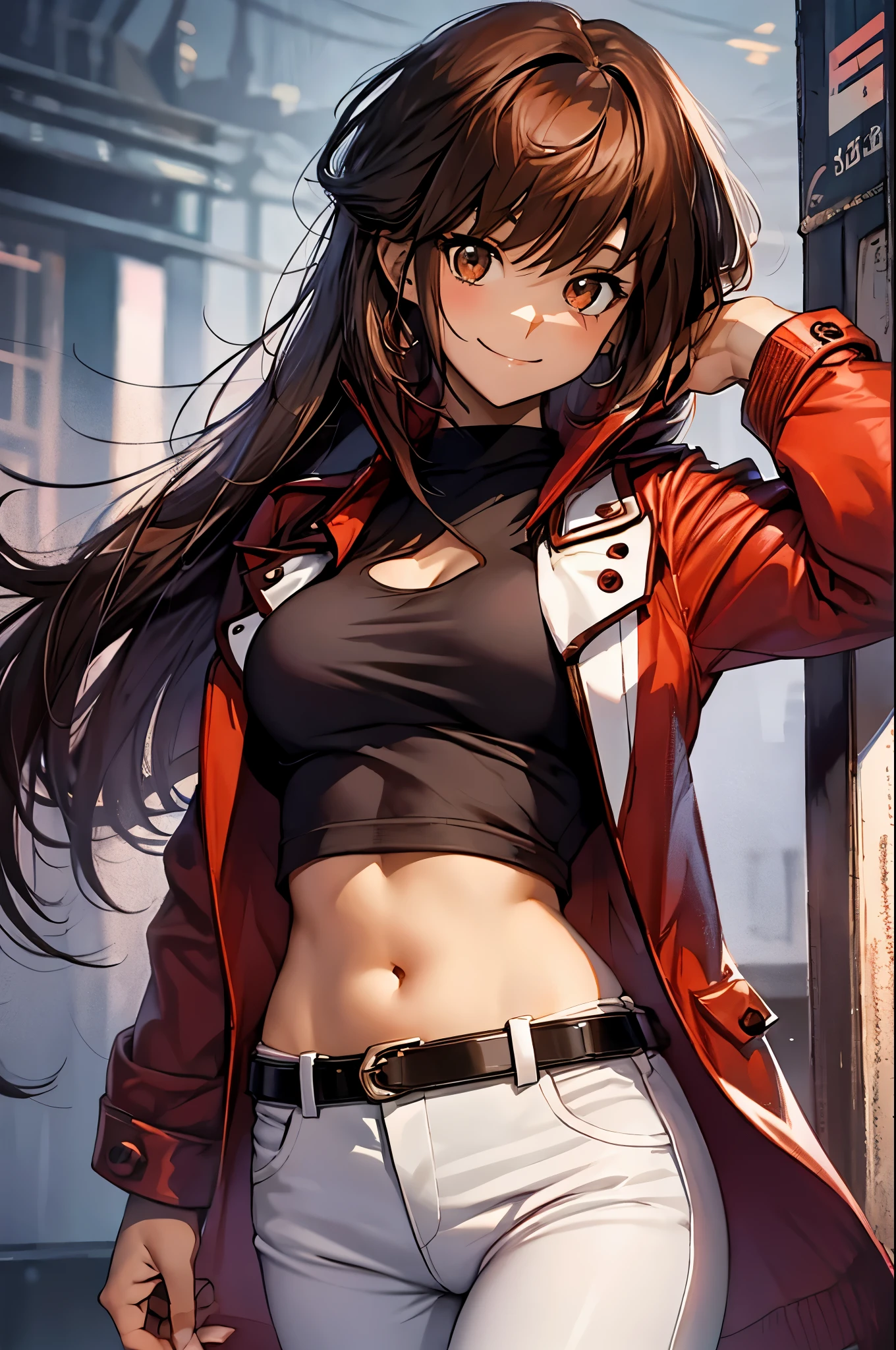 Yuuki Judai, 1girl,(female:1.5), Brown hair, Solo, Red jacket, Bangs, Black shirt, Open jacket, hair between eye, Long hair, Smile, White pants, red footwear,Duel Academy Uniforms (Yu-Gi-Oh! nffsw),
(Close Shot, Best Quality, hight resolution, 4K, Detailed Lighting, Shaders), 
Smile,
Looking at Viewer, Cowboy Shot,
