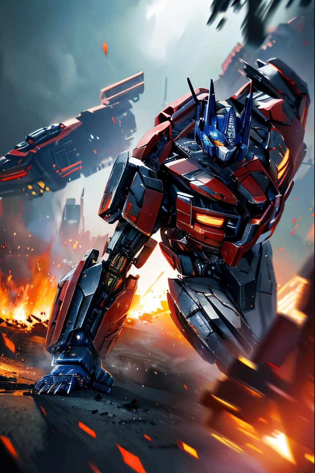 (best quality,4k,8k,highres,masterpiece:1.2),ultra-detailed,(realistic,photorealistic,photo-realistic:1.37),Transformers,Optimus Prime Fight,robotic warriors,battle scene,explosions,cybernetic beings,mecha combat,strong punches and kicks,metallic clash,lasers,dynamic action,futuristic technology,heroic fight,cityscape destruction,epic showdown,mechanical genius,movie-like intensity,powerful transformation,dramatic poses,vivid colors,motion blur,energetic composition,strong perspective,dark atmosphere,nighttime battle,stunning visual effects, intense battle cries, cinematic lighting, glistening metal surfaces, towering buildings, raging fires, sparks flying everywhere, riveting energy, epic battle music