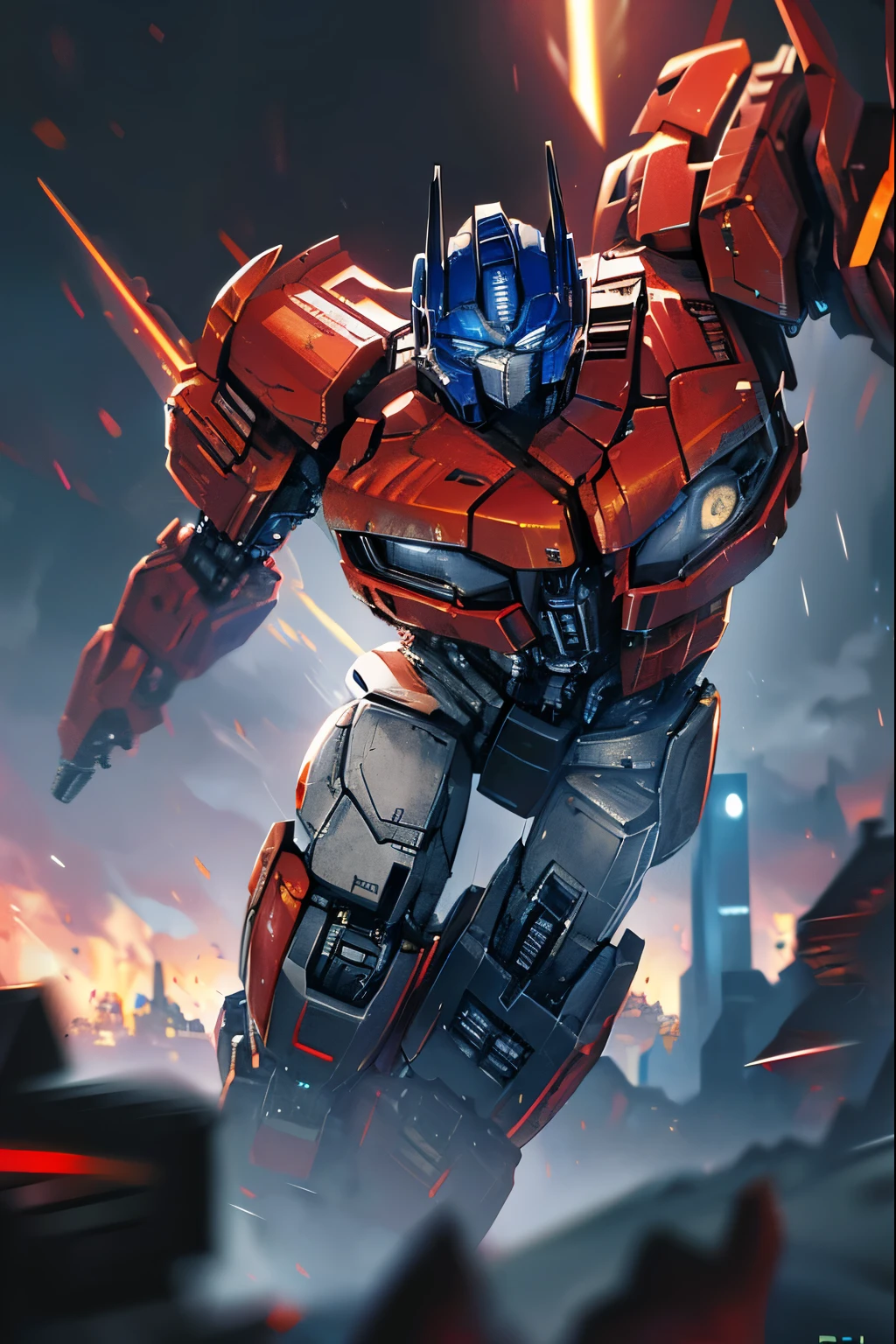 (best quality,4k,8k,highres,masterpiece:1.2),ultra-detailed,(realistic,photorealistic,photo-realistic:1.37),Transformers,Optimus Prime Fight,robotic warriors,battle scene,explosions,cybernetic beings,mecha combat,strong punches and kicks,metallic clash,lasers,dynamic action,futuristic technology,heroic fight,cityscape destruction,epic showdown,mechanical genius,movie-like intensity,powerful transformation,dramatic poses,vivid colors,motion blur,energetic composition,strong perspective,dark atmosphere,nighttime battle,stunning visual effects, intense battle cries, cinematic lighting, glistening metal surfaces, towering buildings, raging fires, sparks flying everywhere, riveting energy, epic battle music