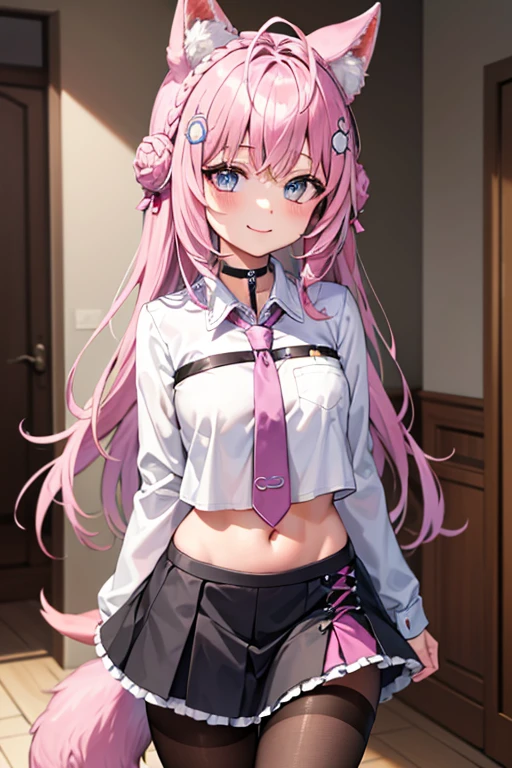 masterpiece,highest quality,High Resolution,Are standing a,def1,roller:Koyori-000015:1,ピンクのtie,tights,hair ornaments,Lilac eyes,One-sided Braiding,smile,One girl, Animal earsの毛, Animal ears, Put your arms behind your back, bangs, black choker, black skirt, blue eyes, blush, Braiding, Braidinged bun, chest, brown pantyhose, choker, Mouth closed, Cowboy Shot, (Pause), crown Braiding, Double good, frilled skirt, Frills, Hair Bun, hair ornaments, hakui koyori, indoor, Long Hair, medium chest, abdomen, miniskirt, belly button, tie, pantyhose, Pink Hair, pink tie, shirt, skirt, No sleeve, No sleeve shirt, smile, alone, Are standing, tail, hite shirt, Wolf Ears, wolf tail, masterpiece,High resolution,highest quality, masterpiece, highest quality, ultra-detailed