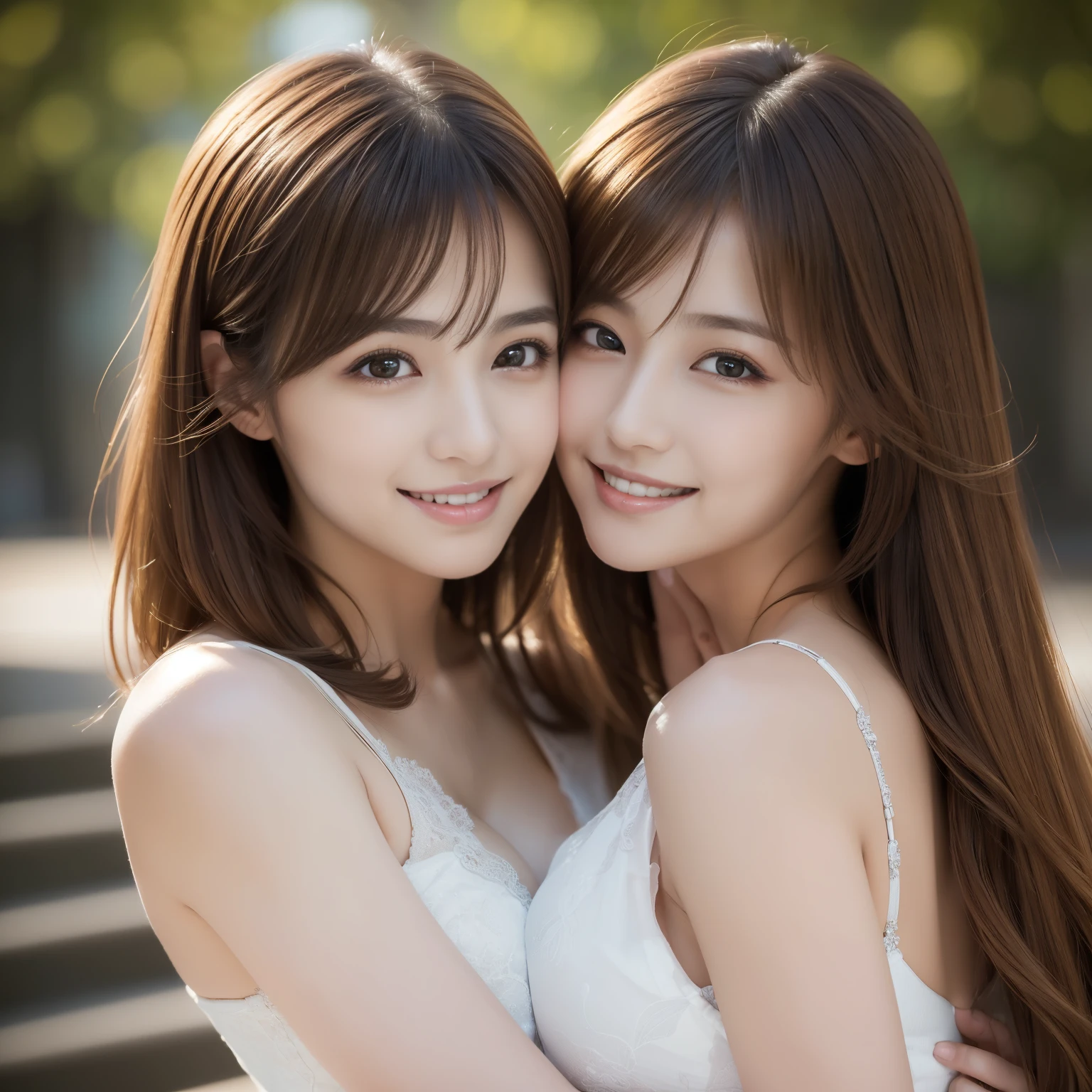 (2girl:1.3), gorgeous beautiful & elegant, (beautiful portrait of two women:1.25), (best quality, masterpiece:1.2), (photorealistic:1.2), 16K, absurdres, beautiful eyes, (light brown hair, random hair style), (hug each other:1.2), (seductive smile:1.2), (dynamic lighting), (upper body), highly detailed, (close-up:1.1), Attractive 2 Japanese woman Pictures, 