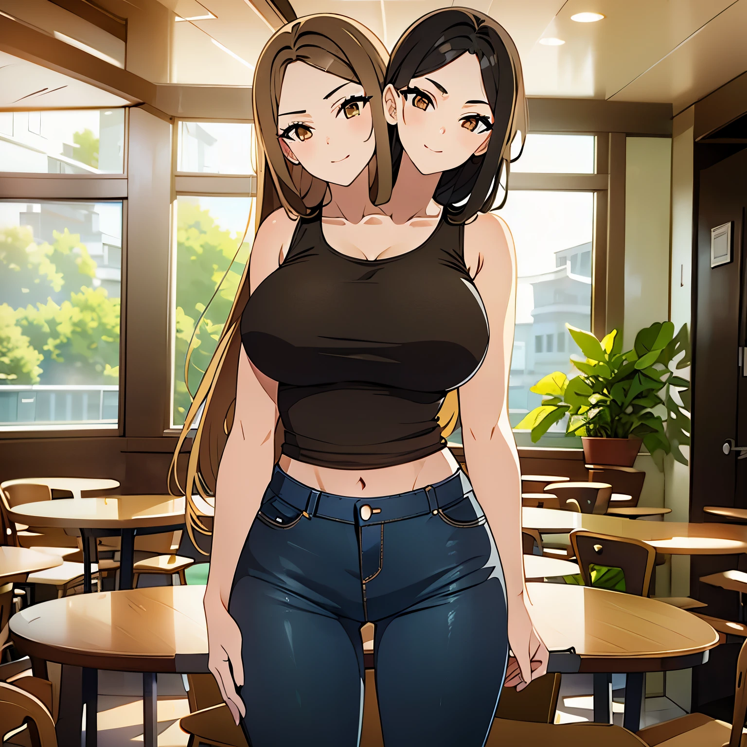 (masterpiece),(ultra-detailed), (high quality), (high resolution), (best quality:1.5, highres, UHD), highres, absurdo, ultra detail, ultra quality, Ultra resolution, 16k, 1girl, (2heads:1.5), girl with two heads, ((black hair)), ((light brown hair)), ((different hair colors)) smiling, sports jeans, casual dress, sexy proportions, (exposed midriff), thighs, Beautiful girl with accentuated slender abs, fighting posture, black tank top