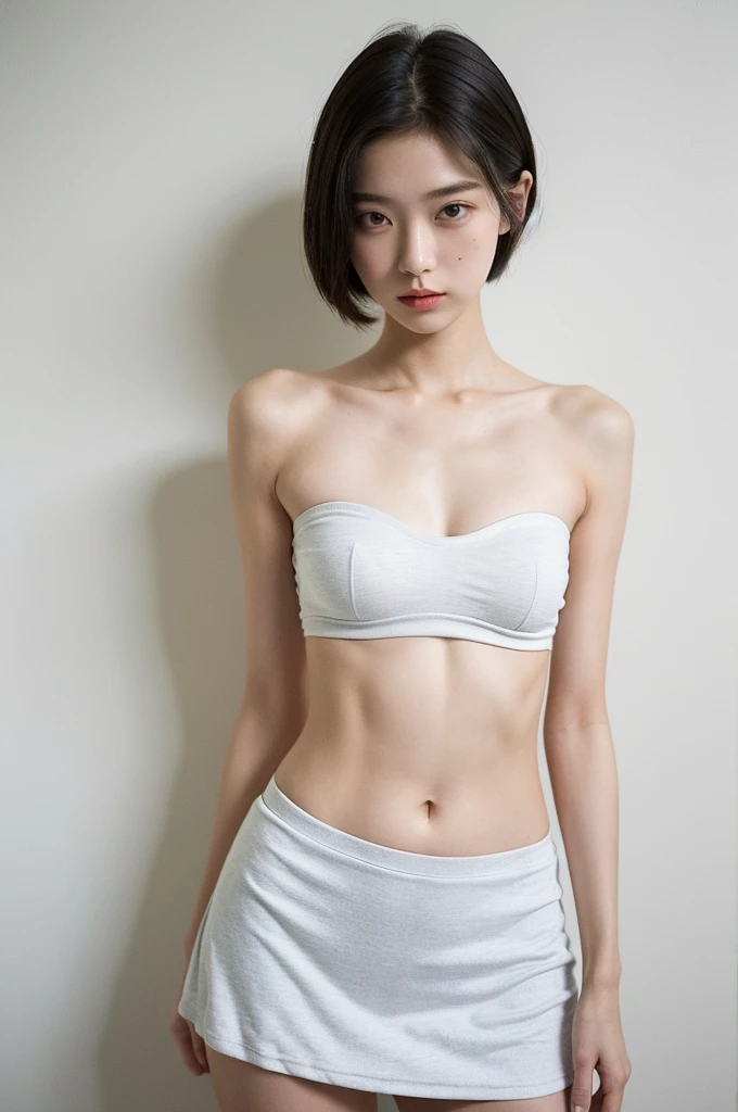 （Highly detailed body，Highly detailed face，Best quality at best：1.2） ，beautiful 20 years old Korean young girl, skinny slim body, woman who is，looki at viewer，short hair, beautiful tight round perfect breast,（very tight small Bandeau，pleatedskirt）(white backgrounid：1.2)