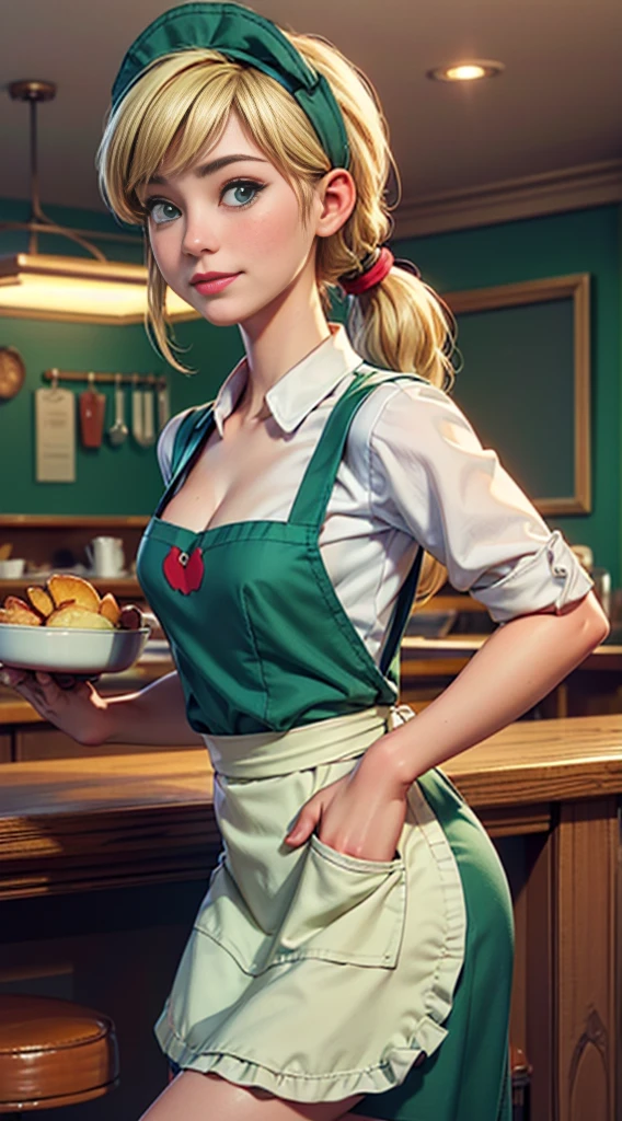 ((best quality)), ((highly detailed)), masterpiece, (detailed eyes, deep eyes), (1girl), dynamic angle, cowboy shot, mlpapplejack, woman, smile, looking at viewer, ((long blonde hair)), ((green eyes)), ((side swept bangs)), ((low tied ponytail)), (((waitress uniform))), cleavage, (indoor diner), light green skirt, apron, short skirt, collared shirtwoman, sexy, rosy cheeks, medium breasts, realistic proportions, (((unlacing bodice))), unbuttoned white blouse, holding a plate, (((apron))), short puffy sleeves, headband, hand on hip, low cut blouse